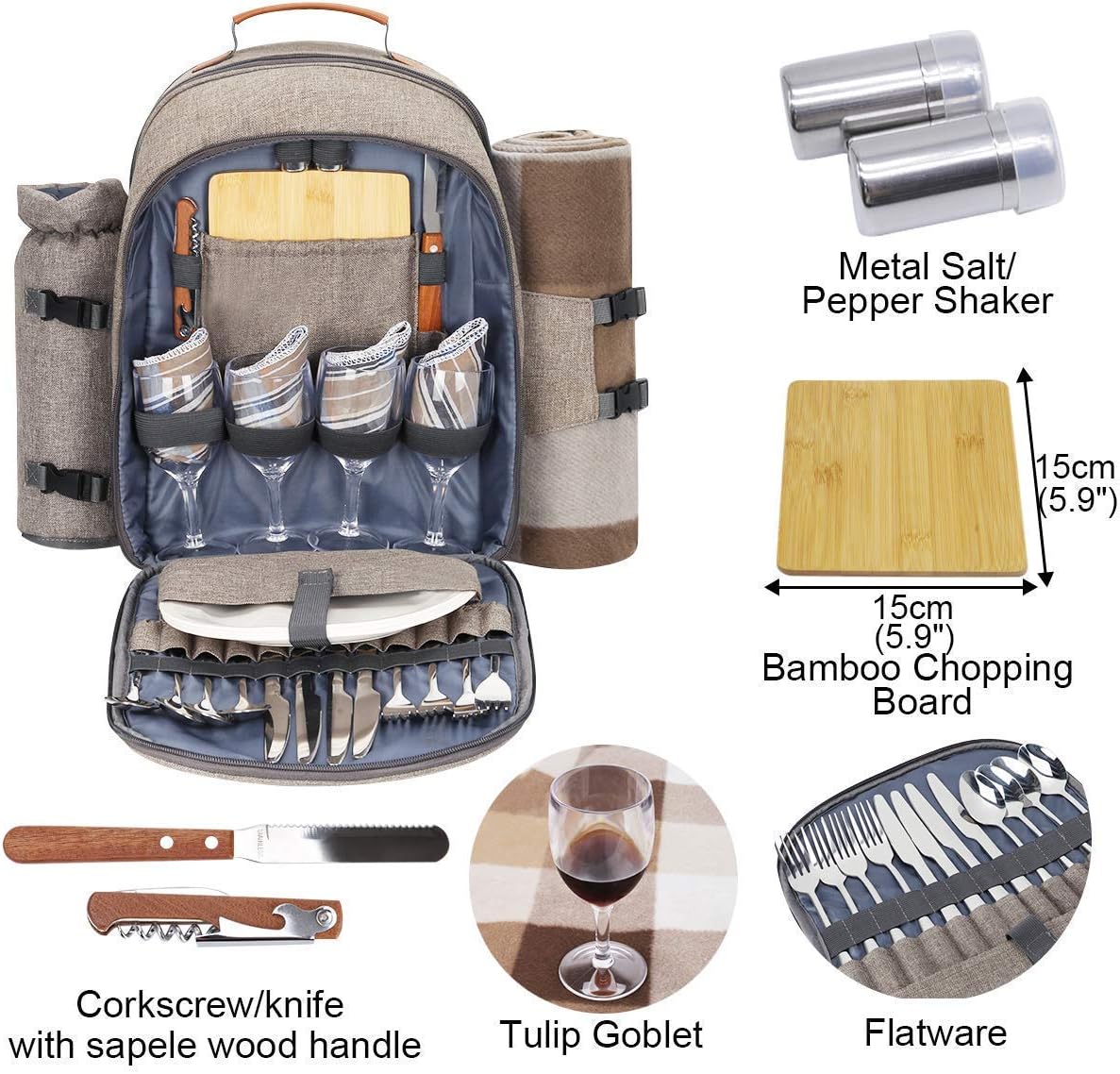 Sunflora Picnic Backpack for 4 Person Set Pack, 2 Bottle Wine Tote Bag Carrier Bundle (Brush Beige and Brown) : Patio, Lawn & Garden