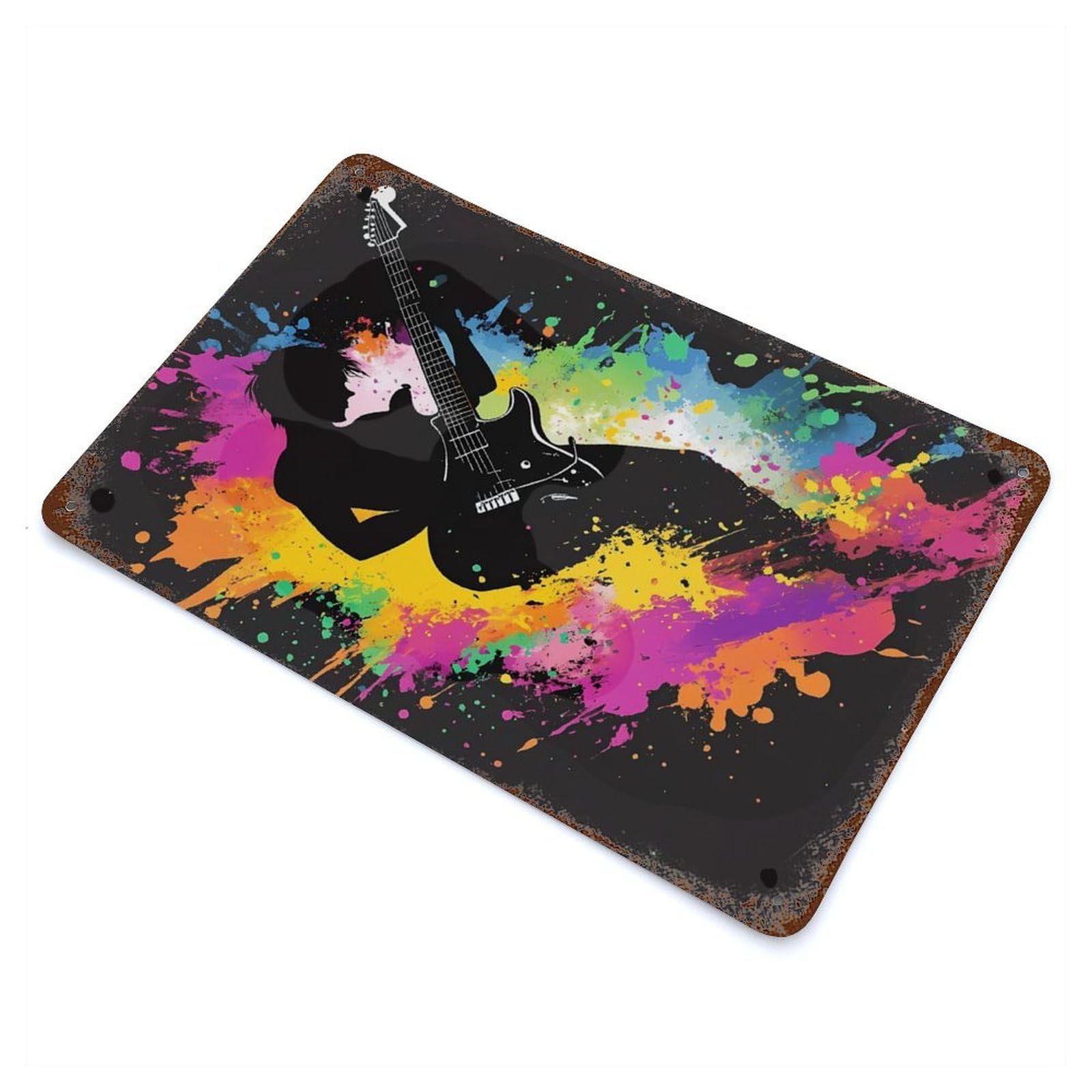 Garage Style Guitarist Silhouette with Colorful Splashes Distressed Metal Wall Sign 11.8"x7.9", Novelty Wall Decor for Bar And Workshop