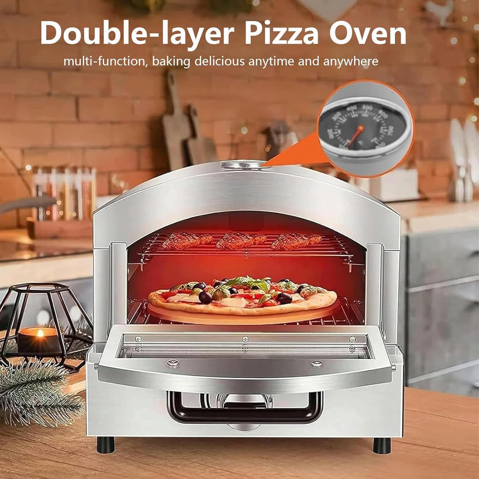 Horno de pizza portátil, para encimera de gas, parrilla de pizza al aire libre, acero inoxidable, con piedra para pizza, para comercial/hogar/cocina