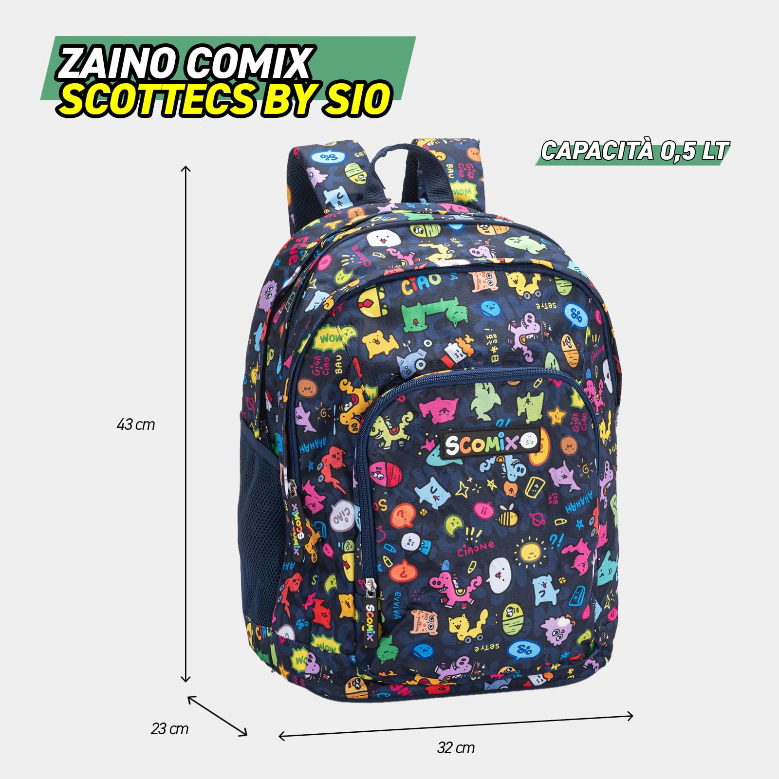 COMIX Scomix by Sio - Zaino Scuola per Bambini e Ragazzi, con 2 Ampi Scomparti Centrali, Tasca Frontale, Tasche Laterali in Rete, Chiusura a Zip e Spallacci Regolabili, 32x43Hx23 cm, 31L, Blu