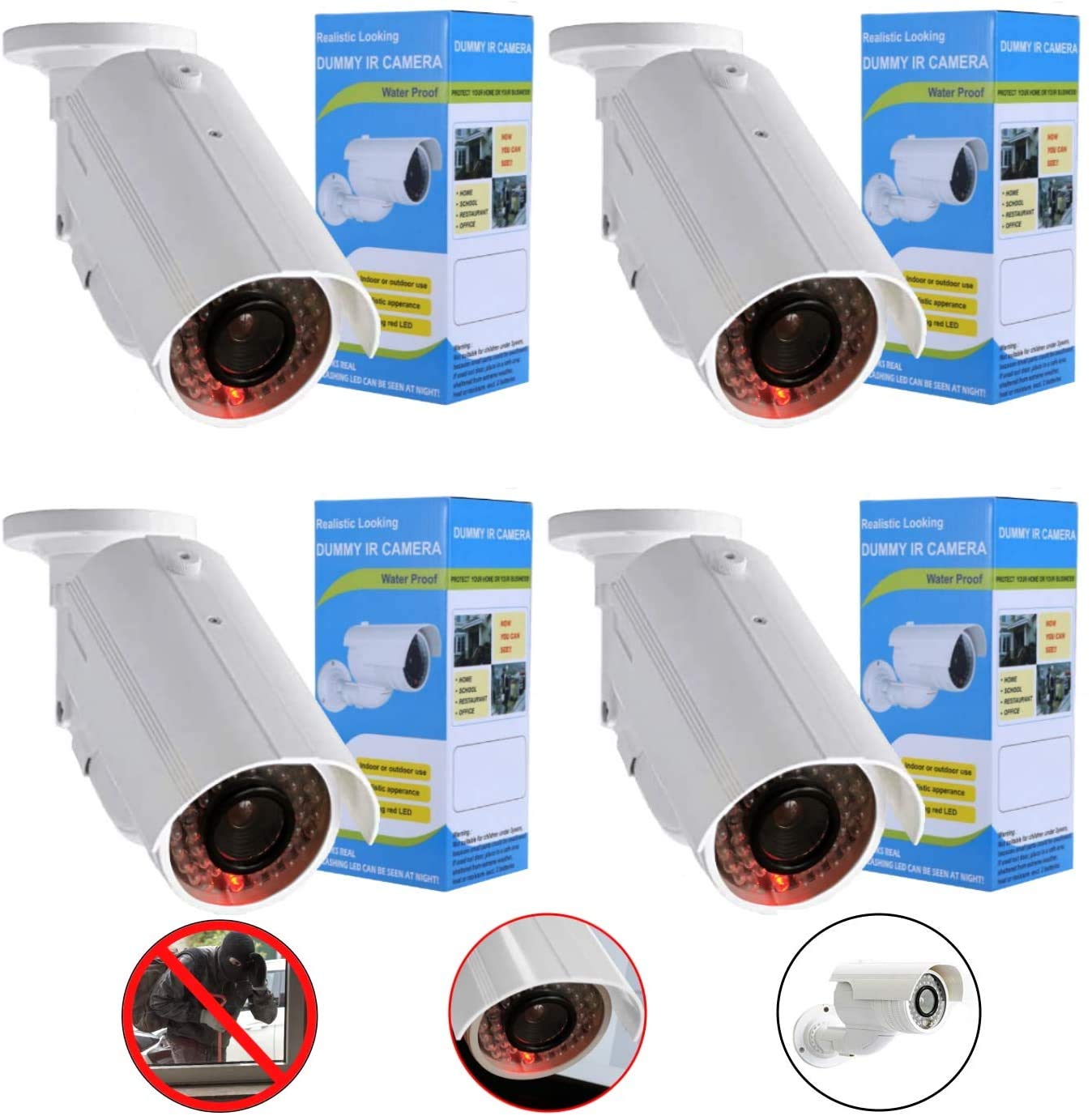 Caméra factice 4X avec objectif. Avec lumière LED rouge, parfaitement réelle pour montage mural et plafond, pour l'intérieur et l'extérieur