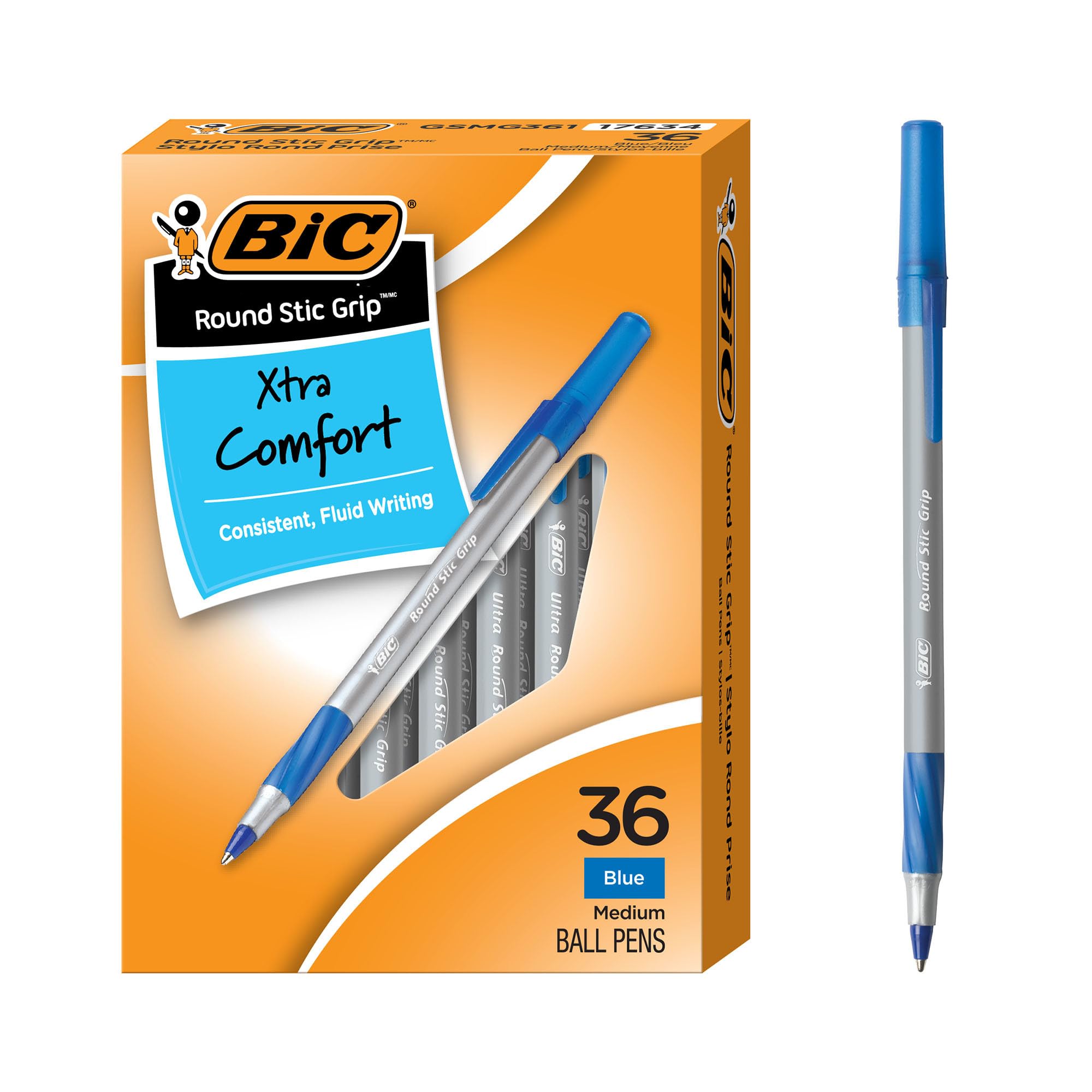 BIC Round Stic Grip Xtra Comfort Ball Pen, Medium Point (1.2 mm), Blue, 36-Count