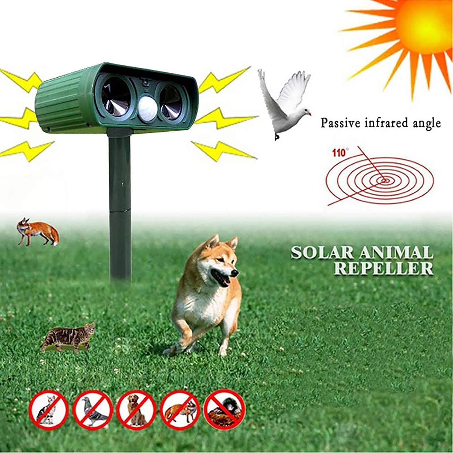 Spaventa gatti a ultrasuoni IP65 resistente alle intemperie portata 9 m per animali domestici auto cani martore