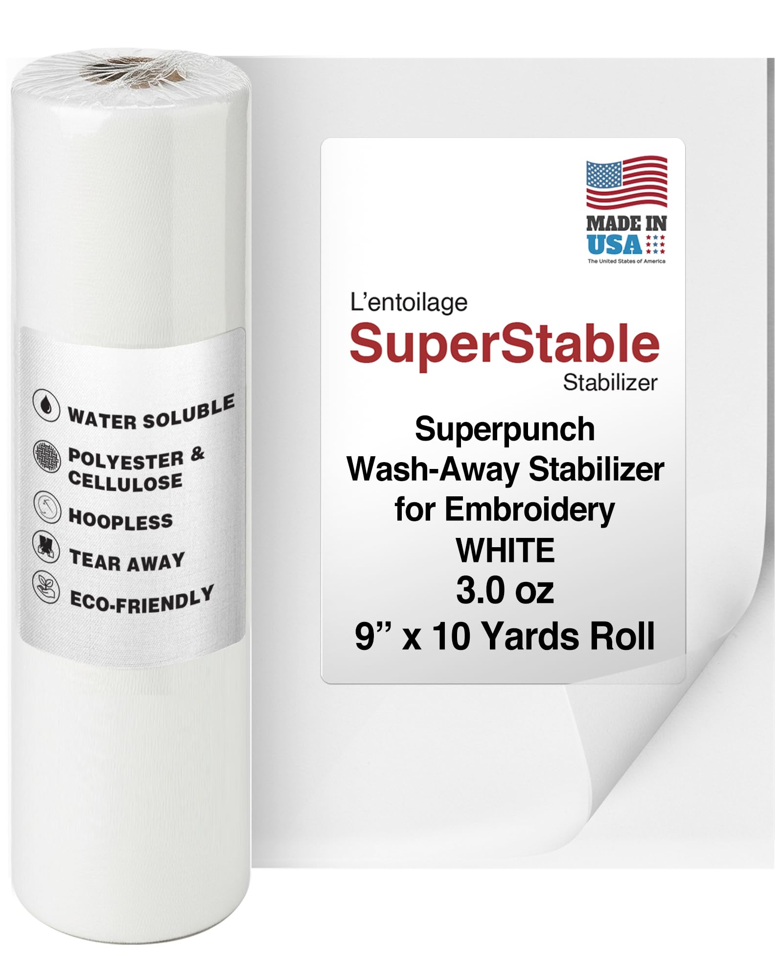 Superpunch Wash-Away Water Soluble Stabilizer for Embroidery - 9 inch x 10 Yard Roll, Fabric Stabilizer, Embroidery Backing & Cut Away Stabilizers - SuperStable Machine & Hand Sewing - Made in USA