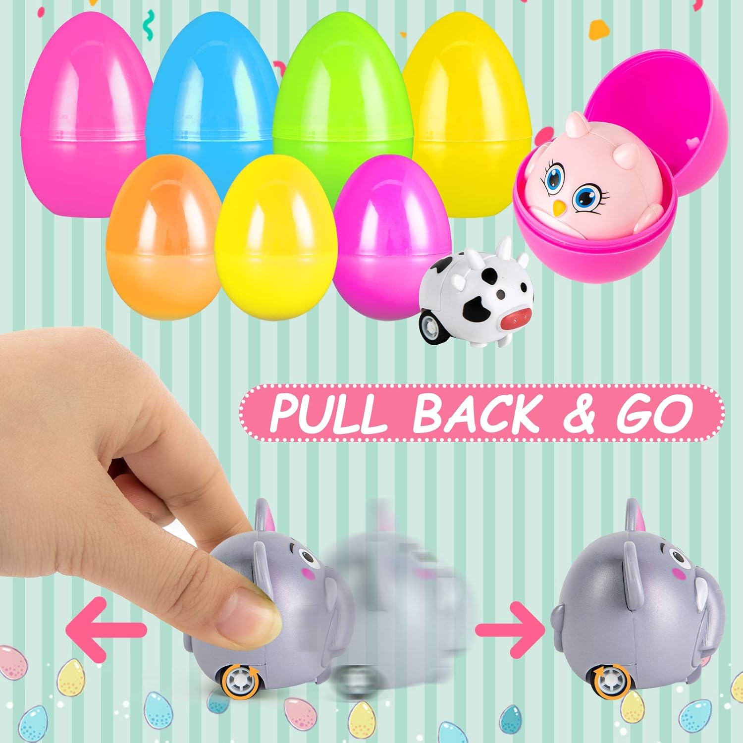 LovesTown 12 Pack Prefilled Easter Eggs with Cars Toys, for Egg Hunt Game, Kids Easter Basket Stuffers & Party Favors for Boys Girls Toddlers Princess Plastic Eggs Stuffed Animals Toys Inside