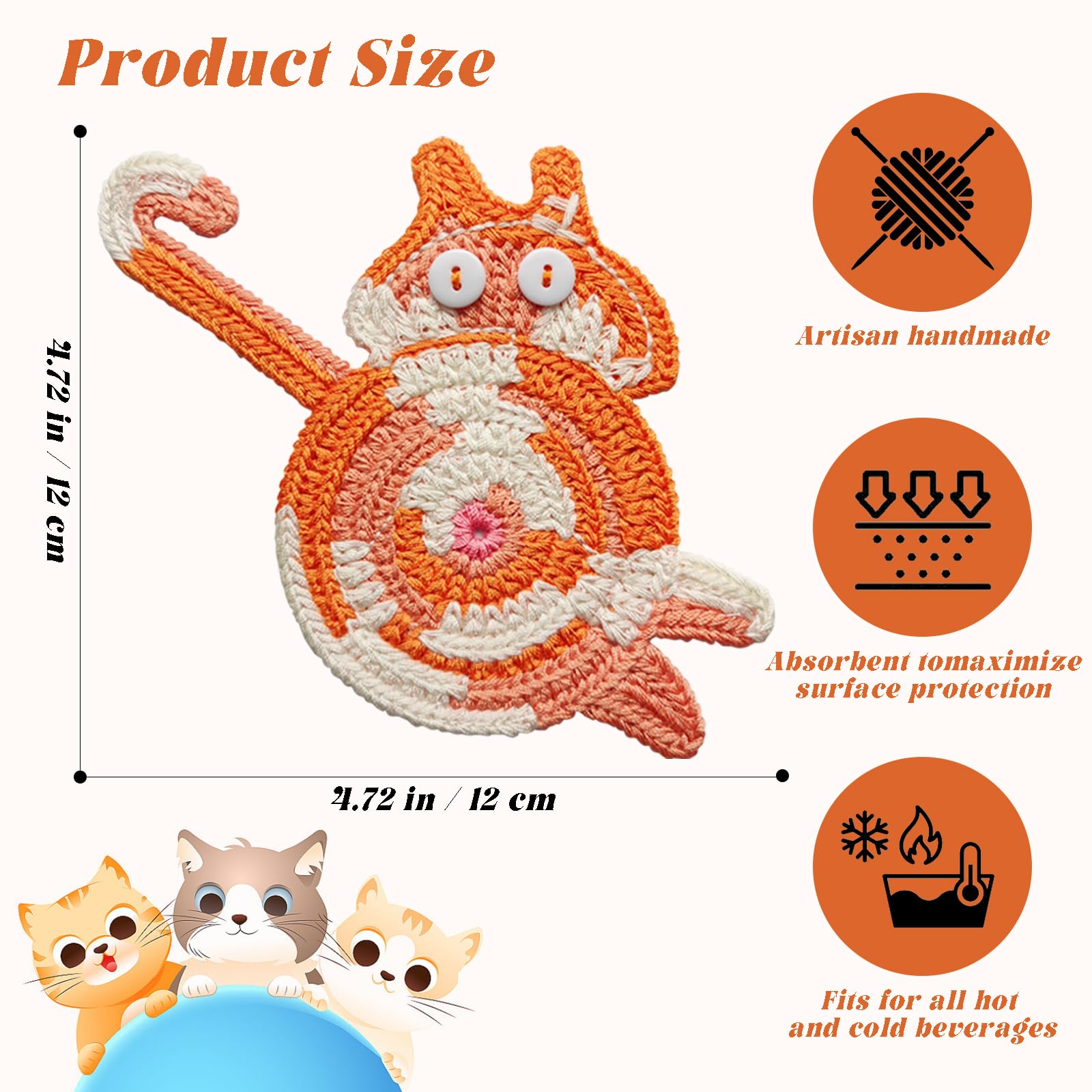 Handgehäkelte Katzen-Untersetzer – 4 Stück, Saugfähig, Für Tische & Geschenke