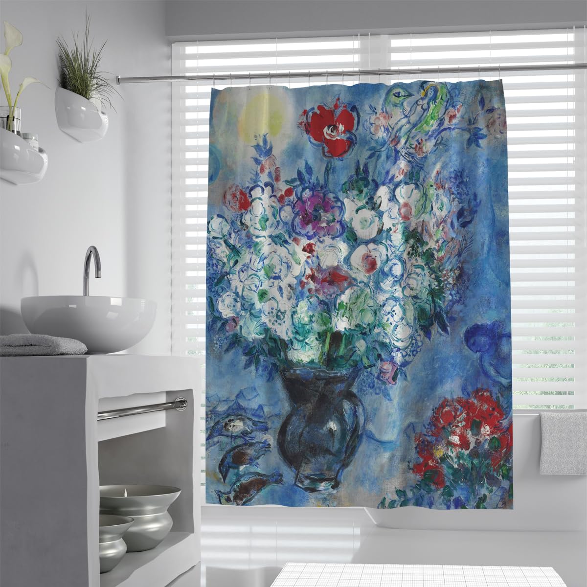 Bouquet surrealista in vaso nero con tenda doccia da sogno e fantasioso con fiori 200 x 240 cm
