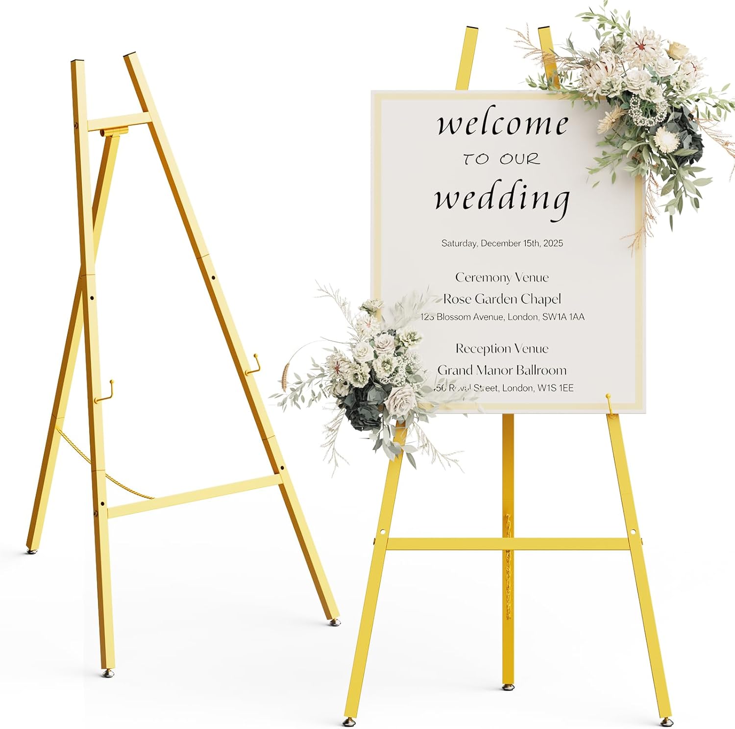 gold easel stand for sign, heavy duty metal display easel with adjustable chain, art easel for painting, wedding sign, posters & commercial display