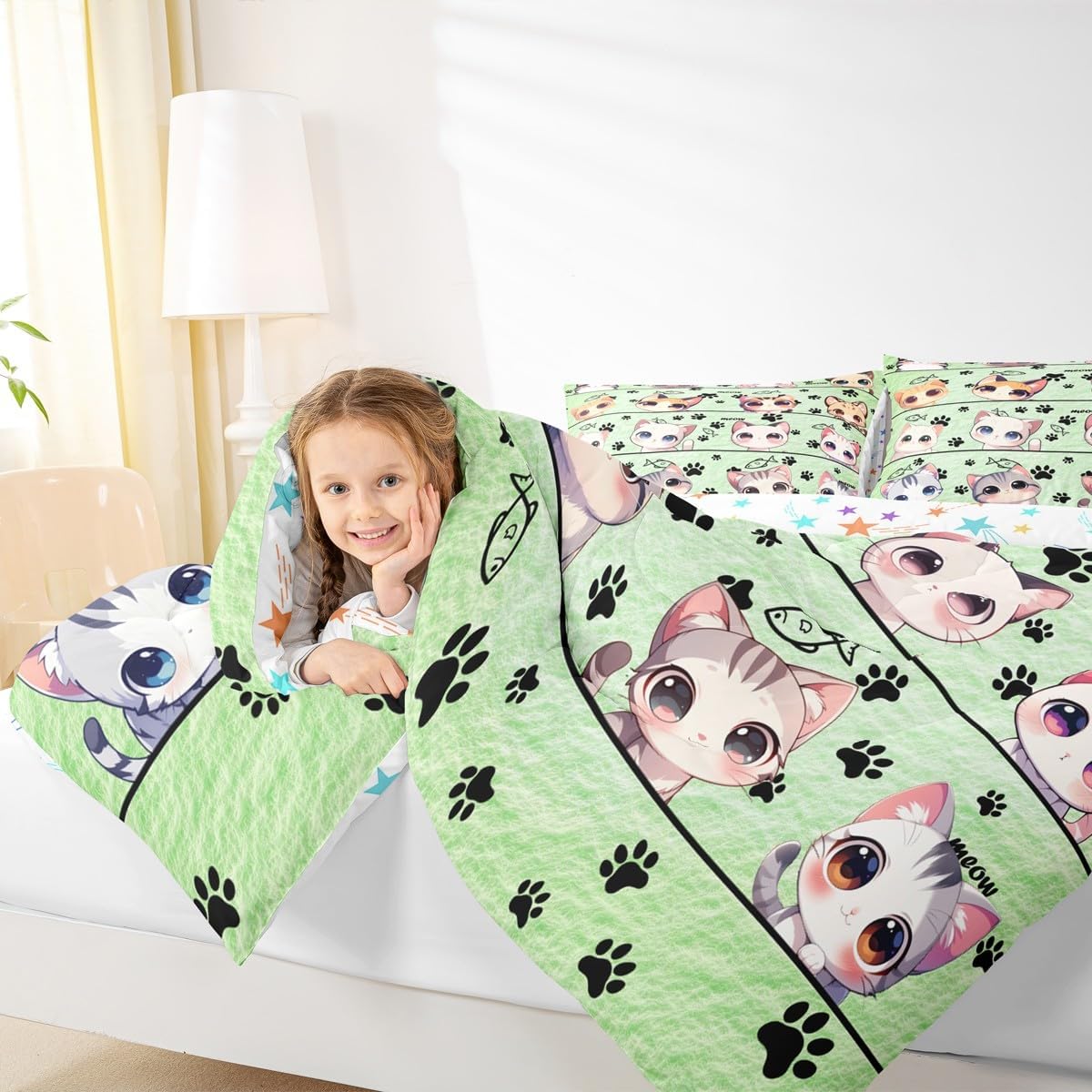 Cute Cat Bedding Set for Boys Girls,Cartoon Animas Light Green All Season Cozy Comforter Set Full Size,Cat Kitten Kitty Pet Lover Duvet Set Bedroom Decor,Personalized Birthday Gifts