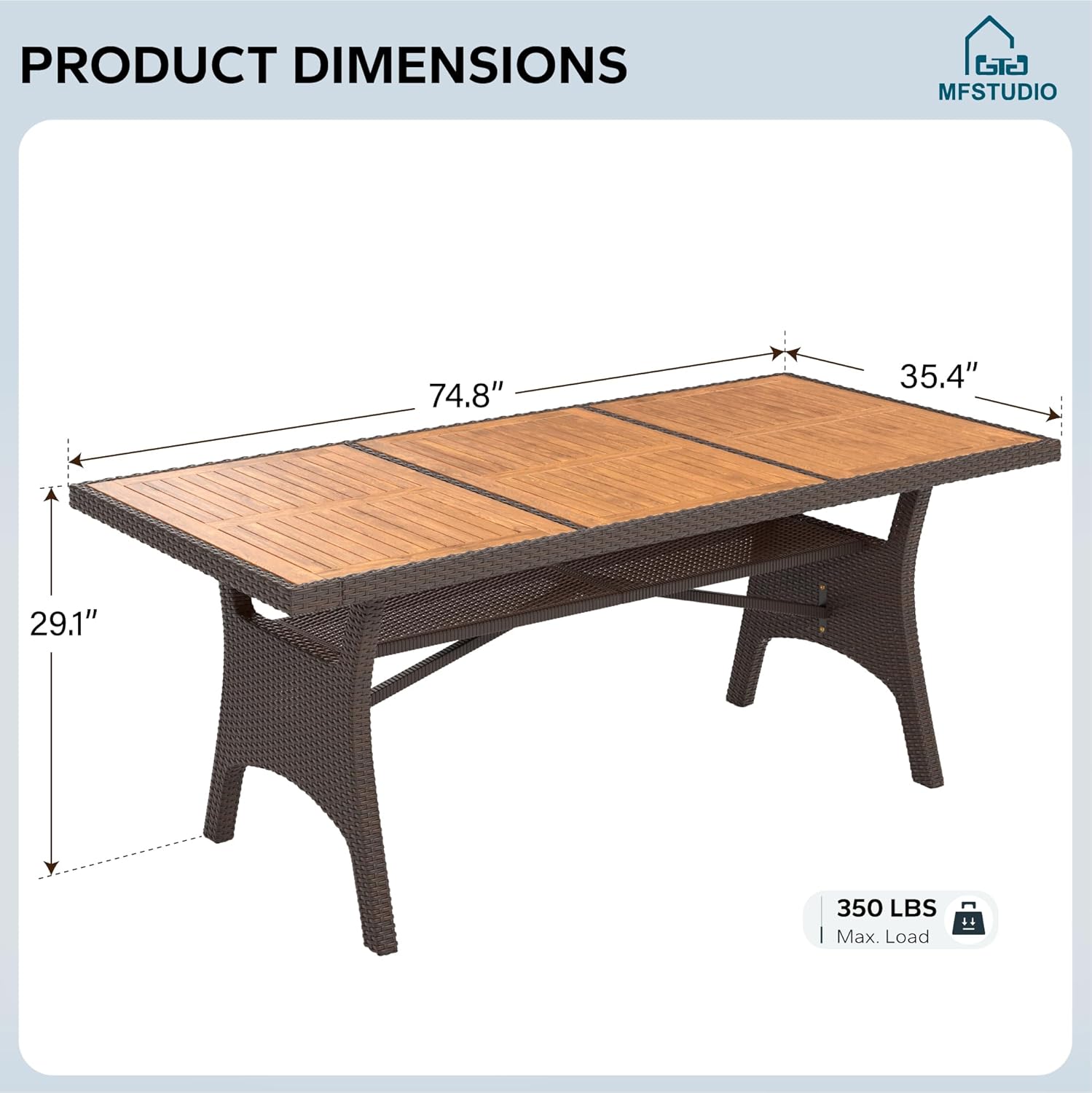 MFSTUDIO Wicker Outdoor Dining Table with Wood Top, Rectangle Acacia Wood Table for 6 Persons, 75" Rattan Patio Dining Table with Steel Frame for Deck,Backyard,Garden,Kitchen
