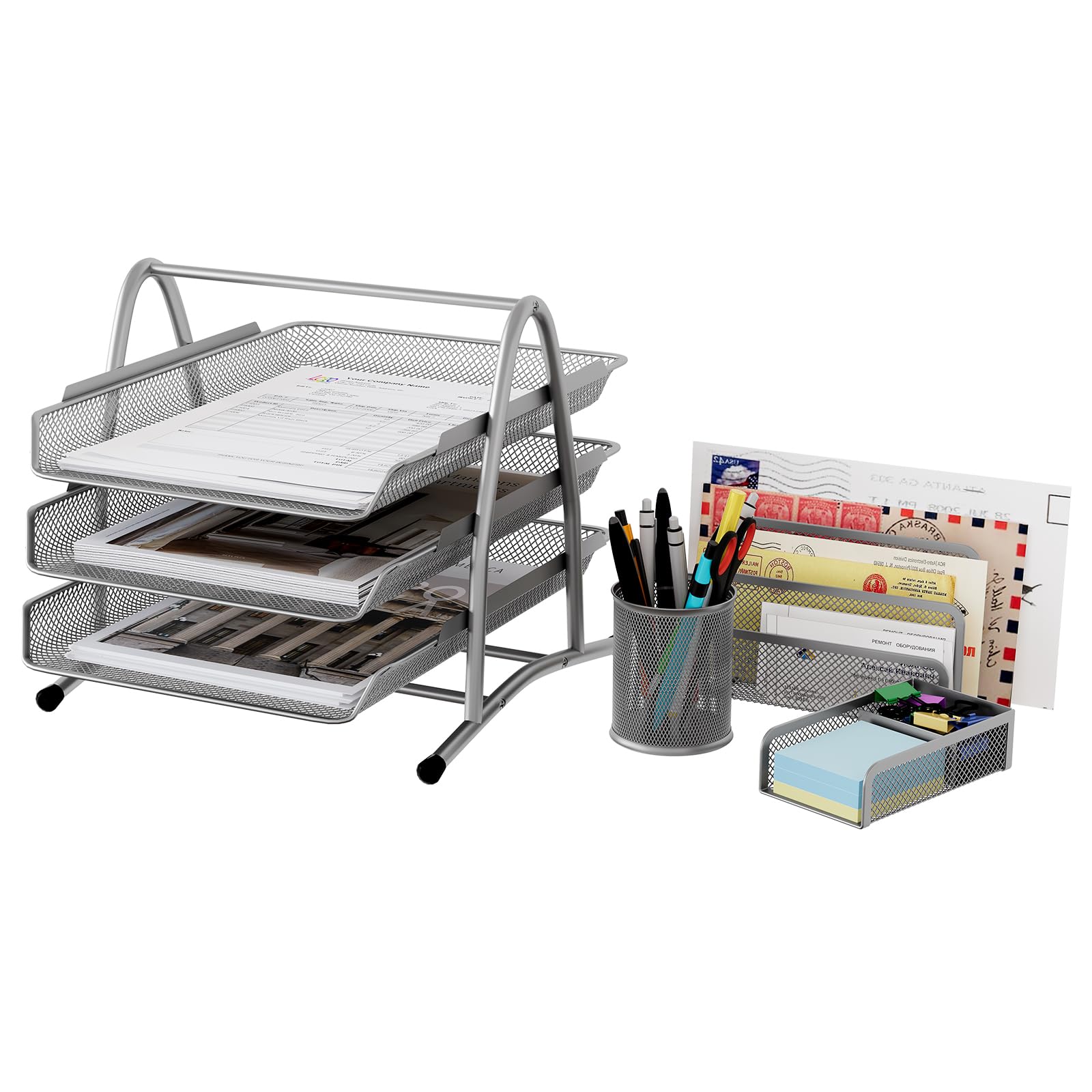 EasyPAG 4 Piezas Metal Malla Oficina 3 Niveles A4 Bandeja Escritorio,Almacenamiento Papeles,Clasificador Correo, Organizador Lapiceros,Soporte Notas,Estante Cartas,Plateado
