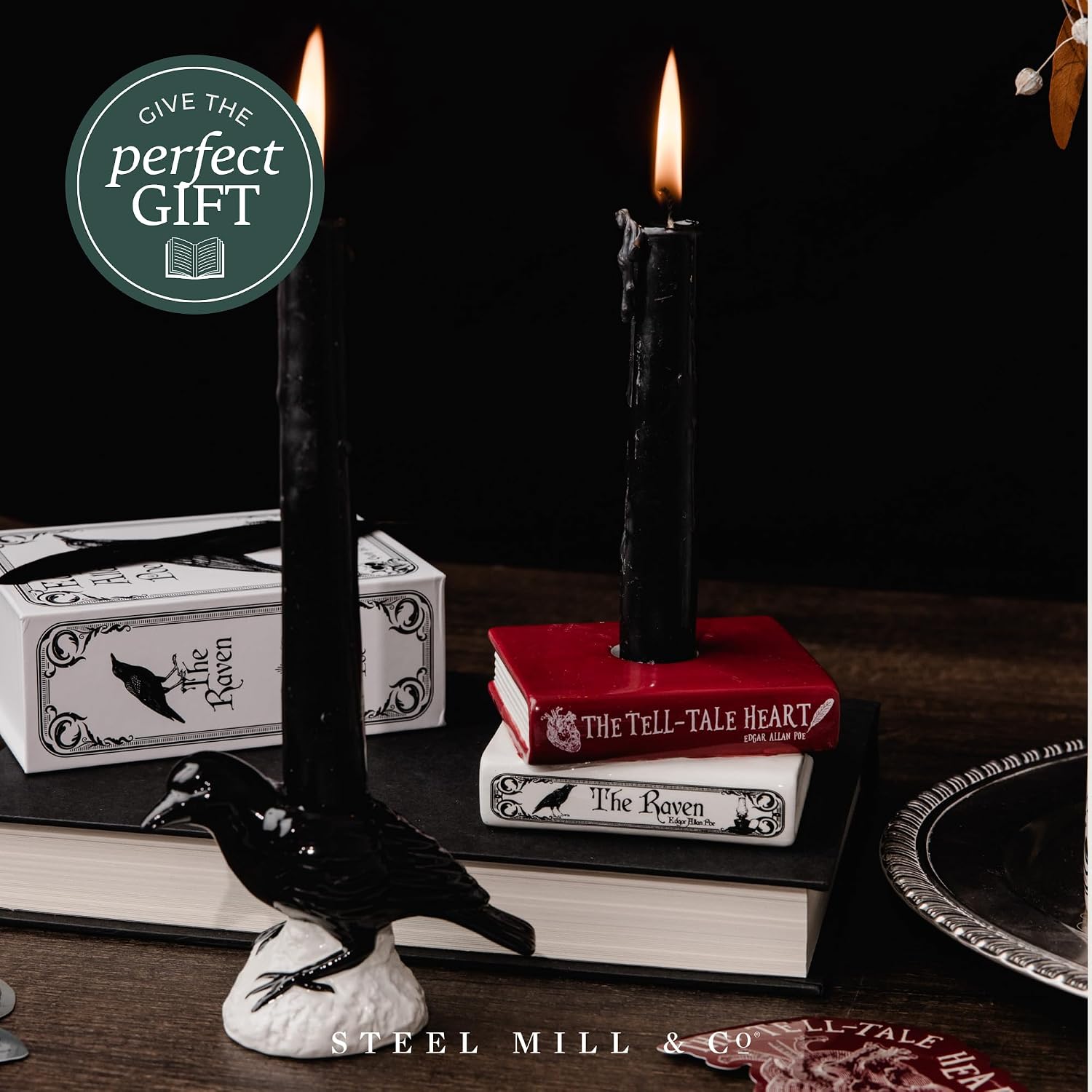 Steel Mill & Co. Ceramic Tapered Candle Holder Set of 2, The Raven