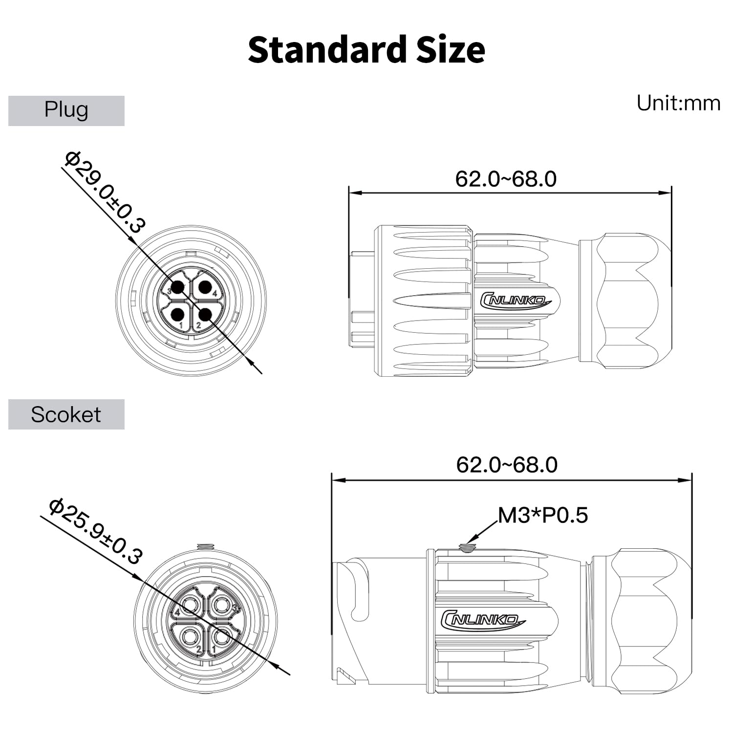 CNLINKO DH-20 4 Pin IP68 Waterproof Connector Solder-Assembly All-Metal Electrical Plug for Outdoor Industrial Equipment(4-Pin)