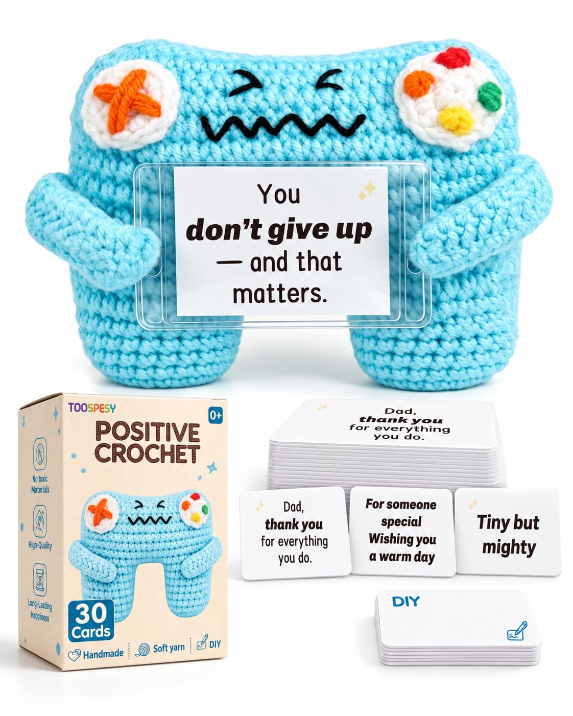 Toospesy Positive Crochet Game Controller for Dad, Handmade Emotional Support Desk Companion with 25 Inspirational Message Cards & 5 Blank Cards, Birthday Christmas