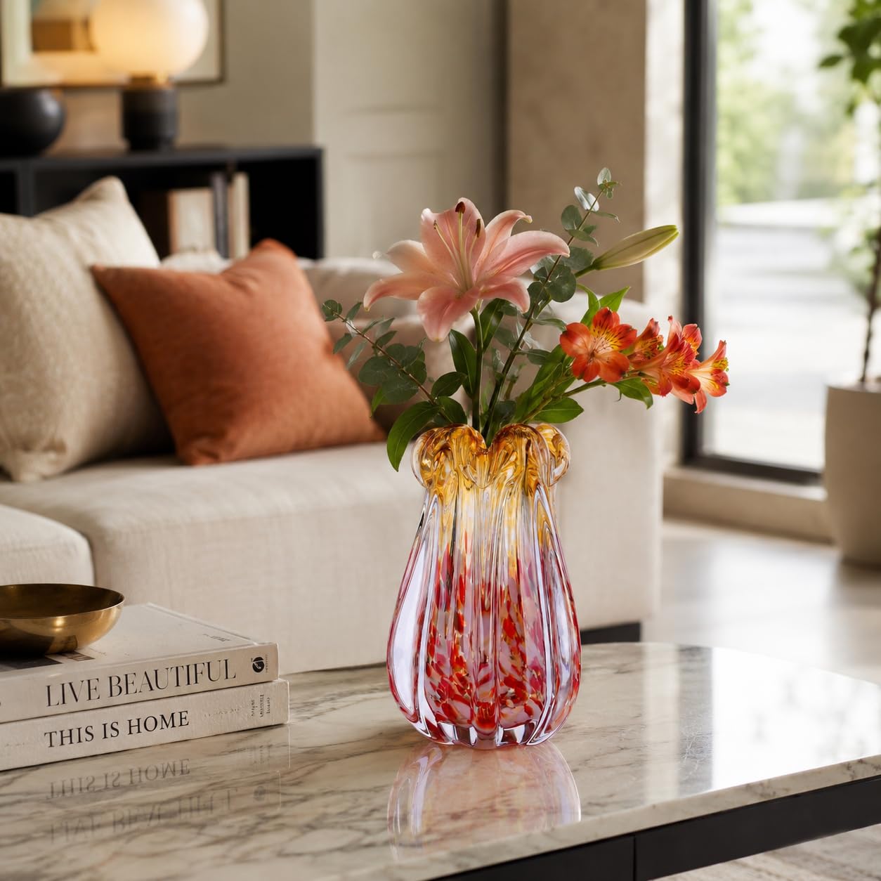 Vase en verre soufflé à la main, 24 cm, dégradé rose et ambré, vase en verre avec bord ondulé unique, vase à fleurs décoratif fait à la main pour salon, centre de table, décoration d'intérieur, cadeau