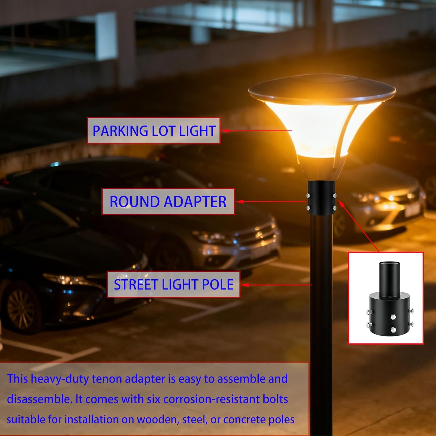 2 pcs 4 inch Round Rod Tenon adapters, Heavy-Duty Steel, 2 3/8 inch Round Tenon Adapter, Sliding Installation, Suitable for LED Parking lot Lights, Street Lights, Outdoor Lighting