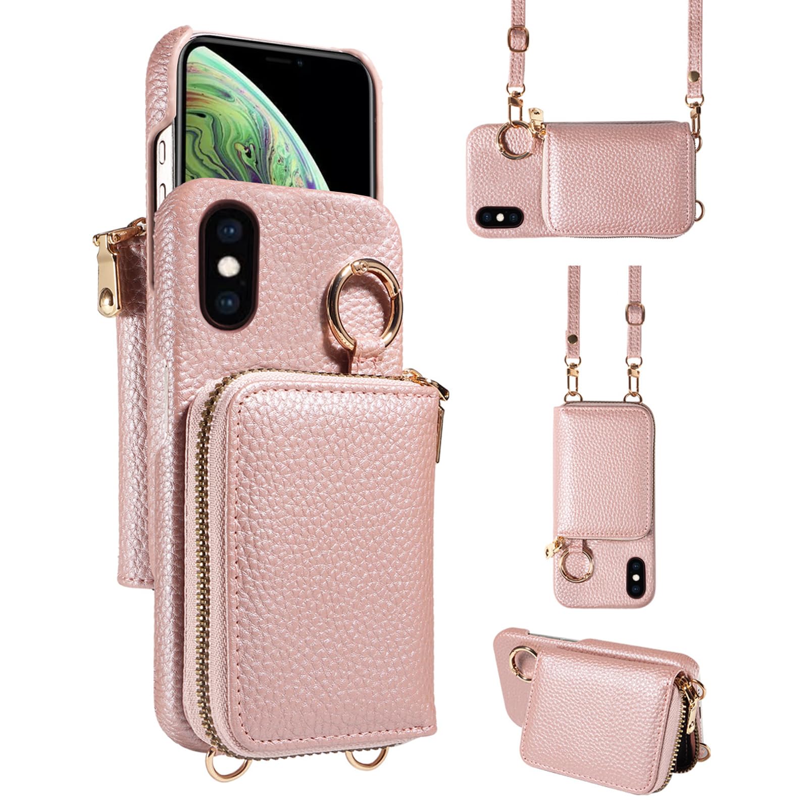 Furiet Wallet Case for iPhone Xs X 10 10s with Shoulder Strap Ring Buckle Zipper Organ Purse Credit Card Holder Stand Cell Phone Cover for iPhoneX