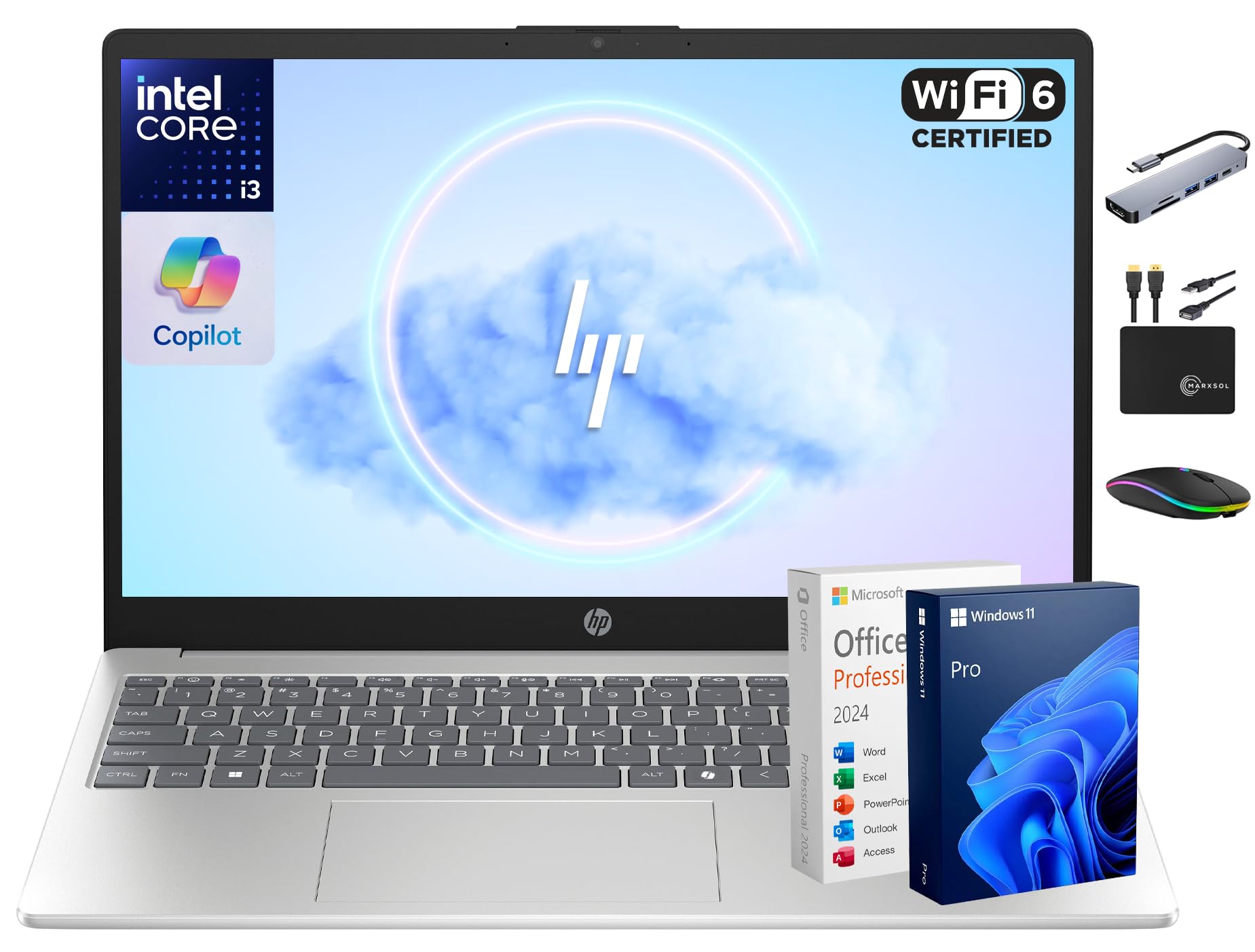HP 15.6” Laptop Computer 2025-2026 Edition Student Business, Lifetime MS Office, 8-Core Intel i3 CPU, 16GB RAM, 628GB Storage (128GB UFS+500GB Ext),