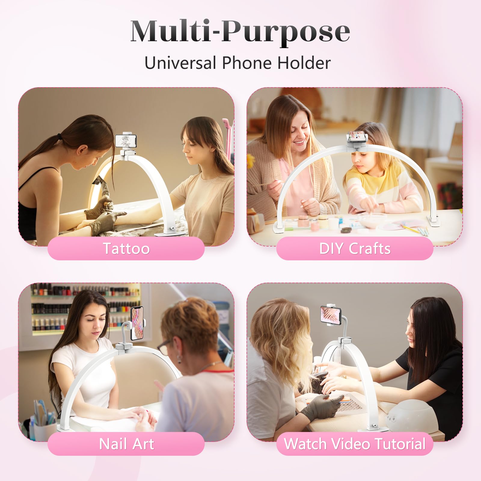 Media Luna Lámpara para Uñas: 23" Lampara Media Luna con Soporte para Teléfono - 3 Modos de Color y 10 Niveles de Brillo Ajustables para Manicura (Blanco, Pequeño)