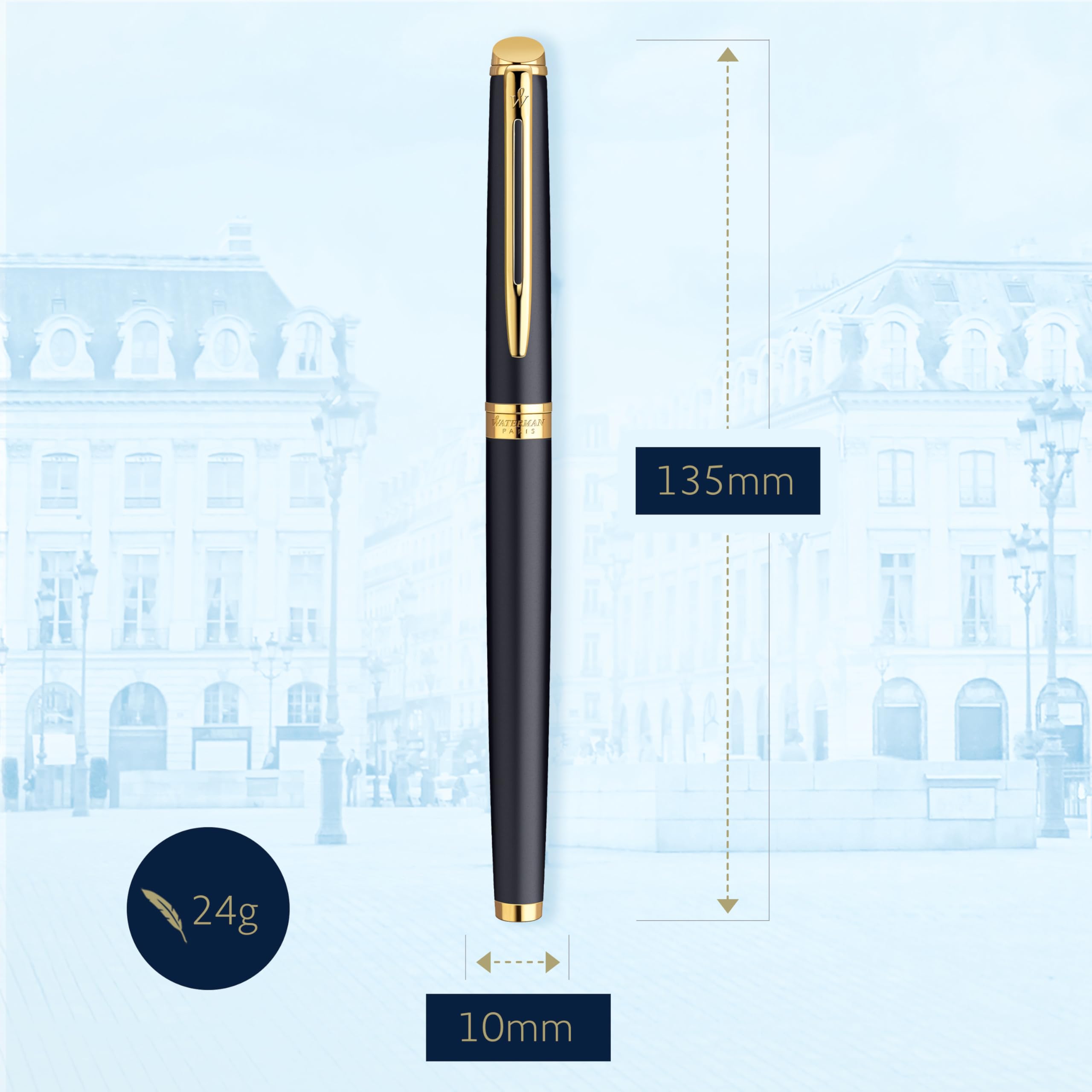 Waterman Hémisphère penna stilografica | nero opaco con finiture in oro 23 carati | pennino medio con cartuccia di inchiostro blu | confezione regalo