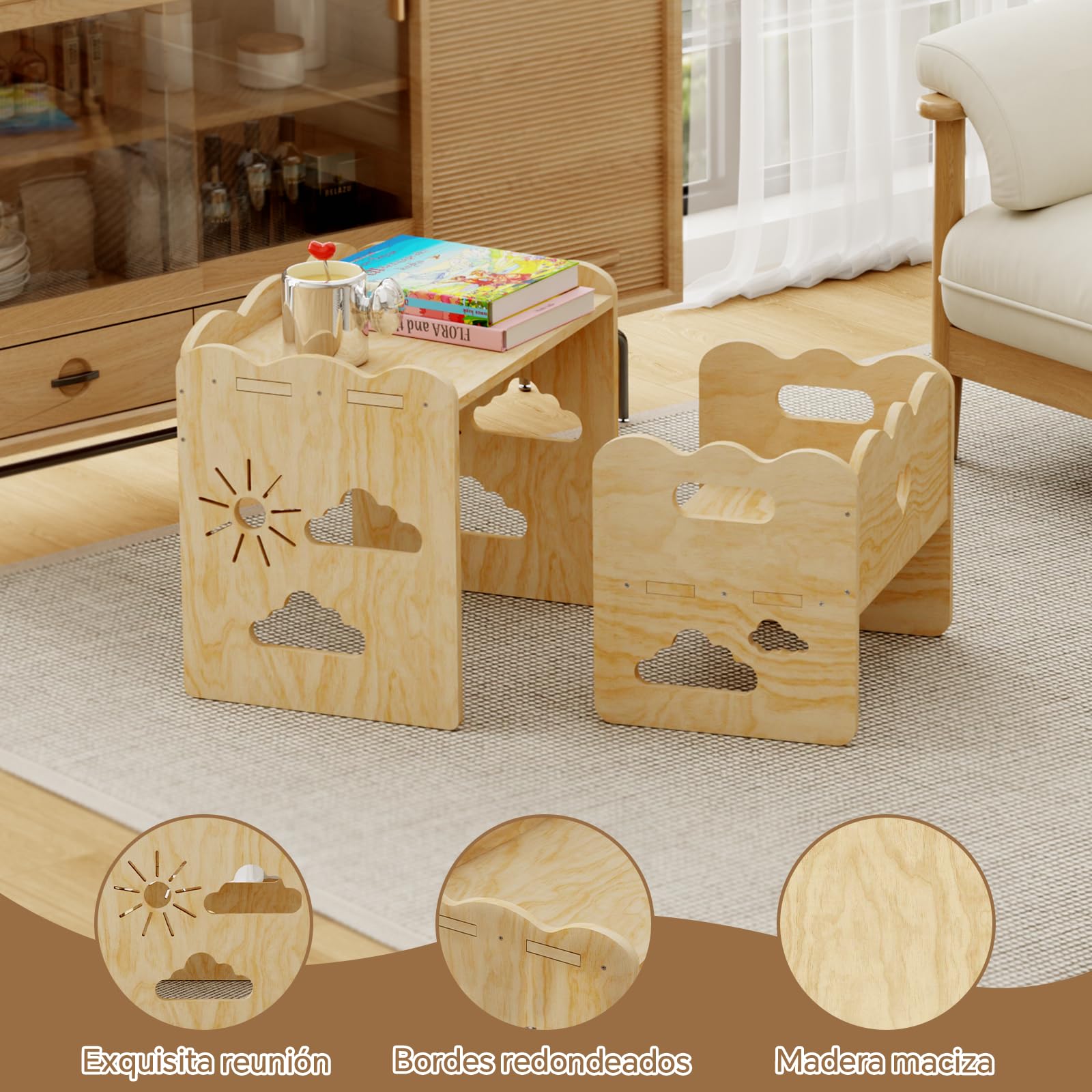 Madera Mesa Infantil con sillas,Silla Mesas Montessori, Juego de Mesa y Silla Infantil, Ideal para Comidas, Aprendizaje y Juego, para Leer, Fácil de Instalar