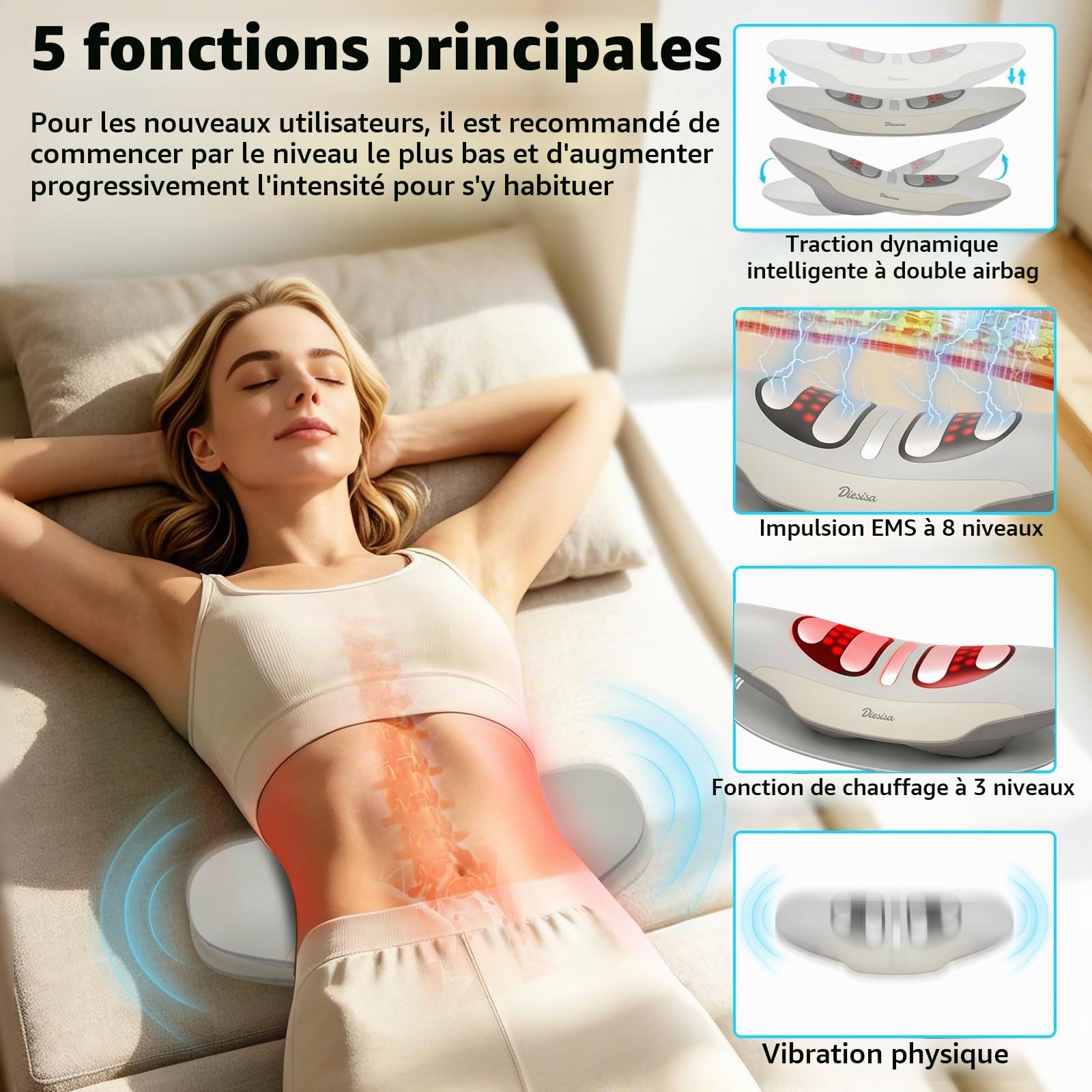 Diesisa Masseur Dos électrique: Traction dynamique Masseur Lombaire | Oscillation gauche-droite - Vibration et chaleur - EMS Massage - Massage Dos rechargeable - Pour usage domestique