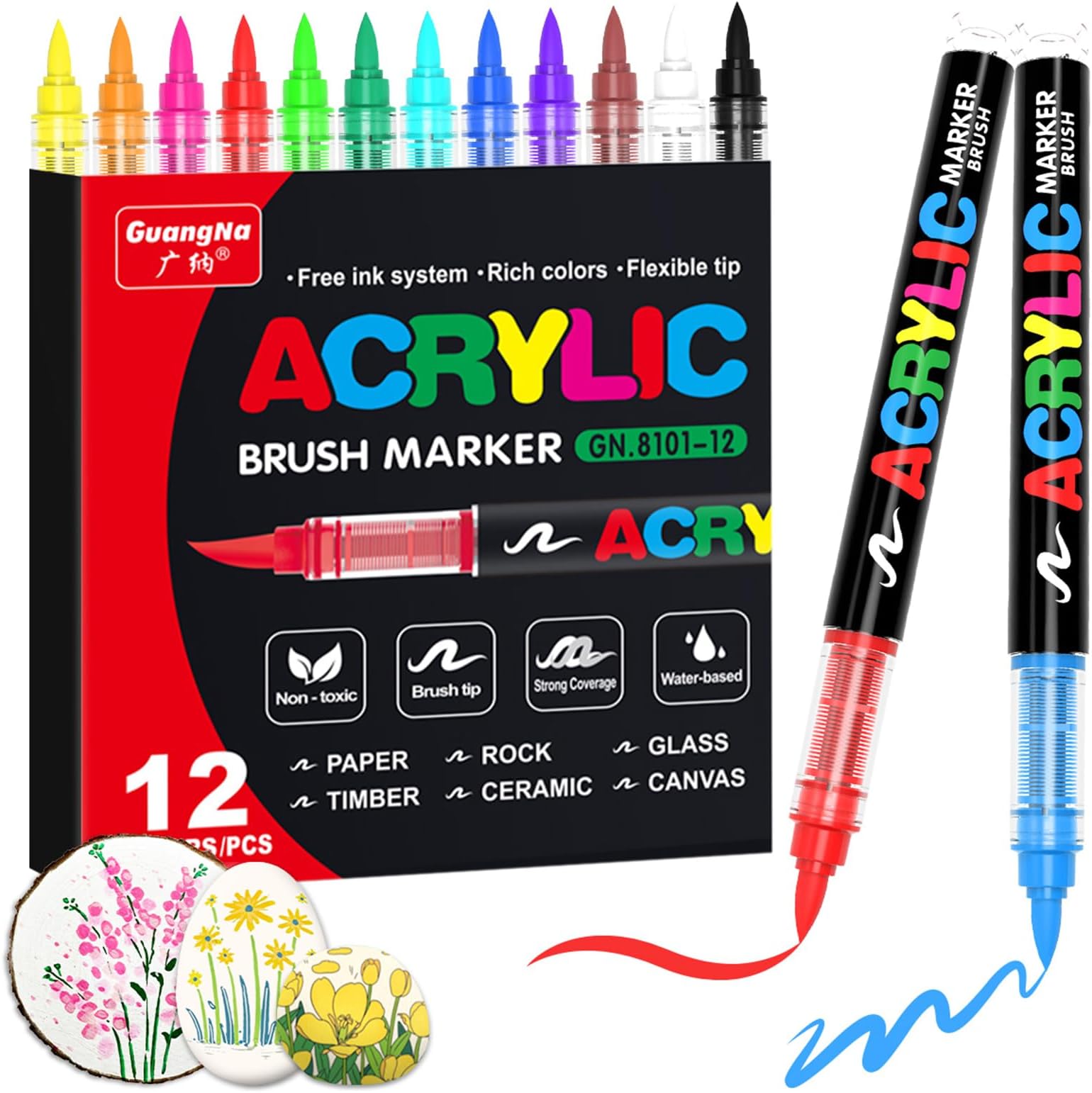 Guangna Acrylic Paint Markers,12 Colors with Direct-Liquid Ink Control System, Professional-Grade Paint Pen for Rock Painting, Canvas, Glass, Plastic, Fabric & Creative Crafts
