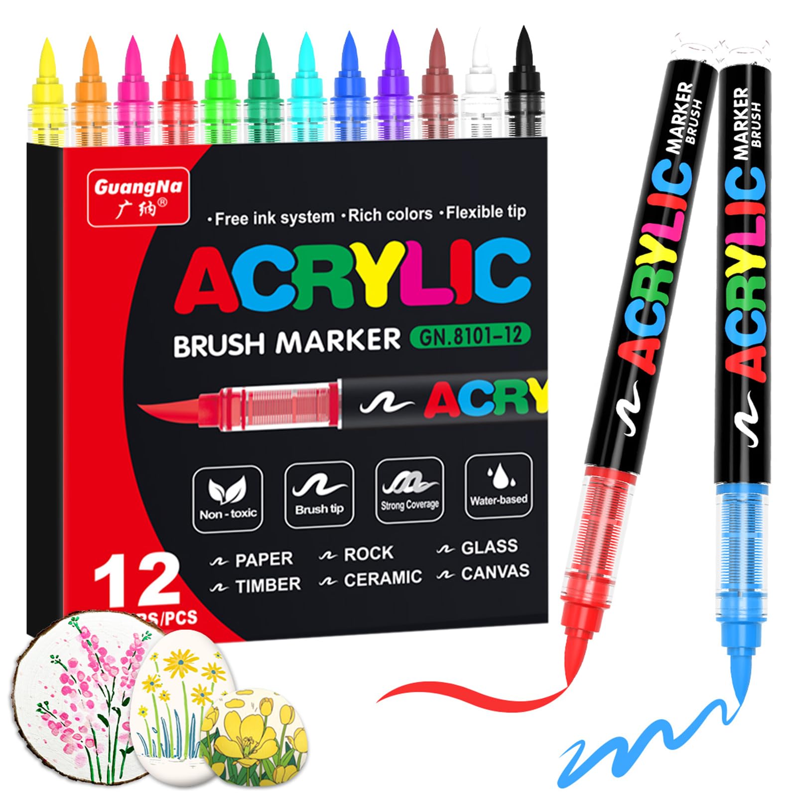 Guangna Acrylic Paint Markers,12 Colors with Direct-Liquid Ink Control System, Professional-Grade Paint Pen for Rock Painting, Canvas, Glass, Plastic, Fabric & Creative Crafts