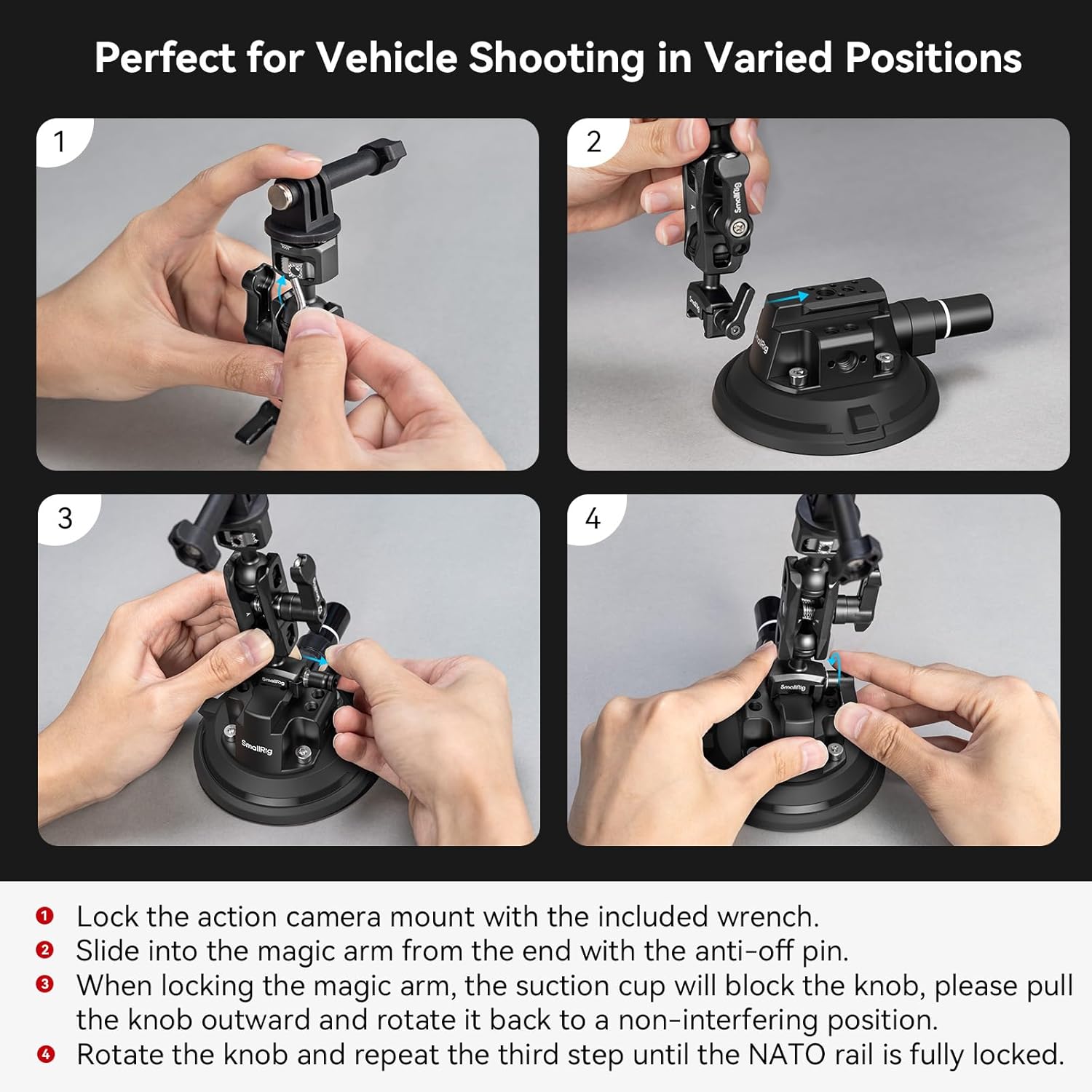 SMALLRIG 4" Camera Suction Mount with Ball Head Magic Arm, Car Mount for Lightweight Camera/Action Camera/Phone, Air Pump Vacuum Suction Cup, Max Load 3kg/6.6 Pound - 4236