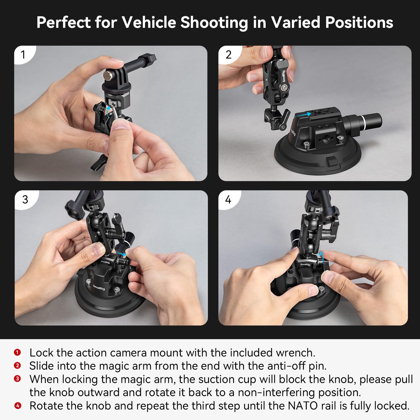 SMALLRIG 4" Camera Suction Mount with Ball Head Magic Arm, Kamera Saugnapfhalterung mit Kugelkopf-Zauberarm, Autohalterung für leichte Kamera/Action Kamera/Telefon, Maximale Belastung 3 kg – 4236C