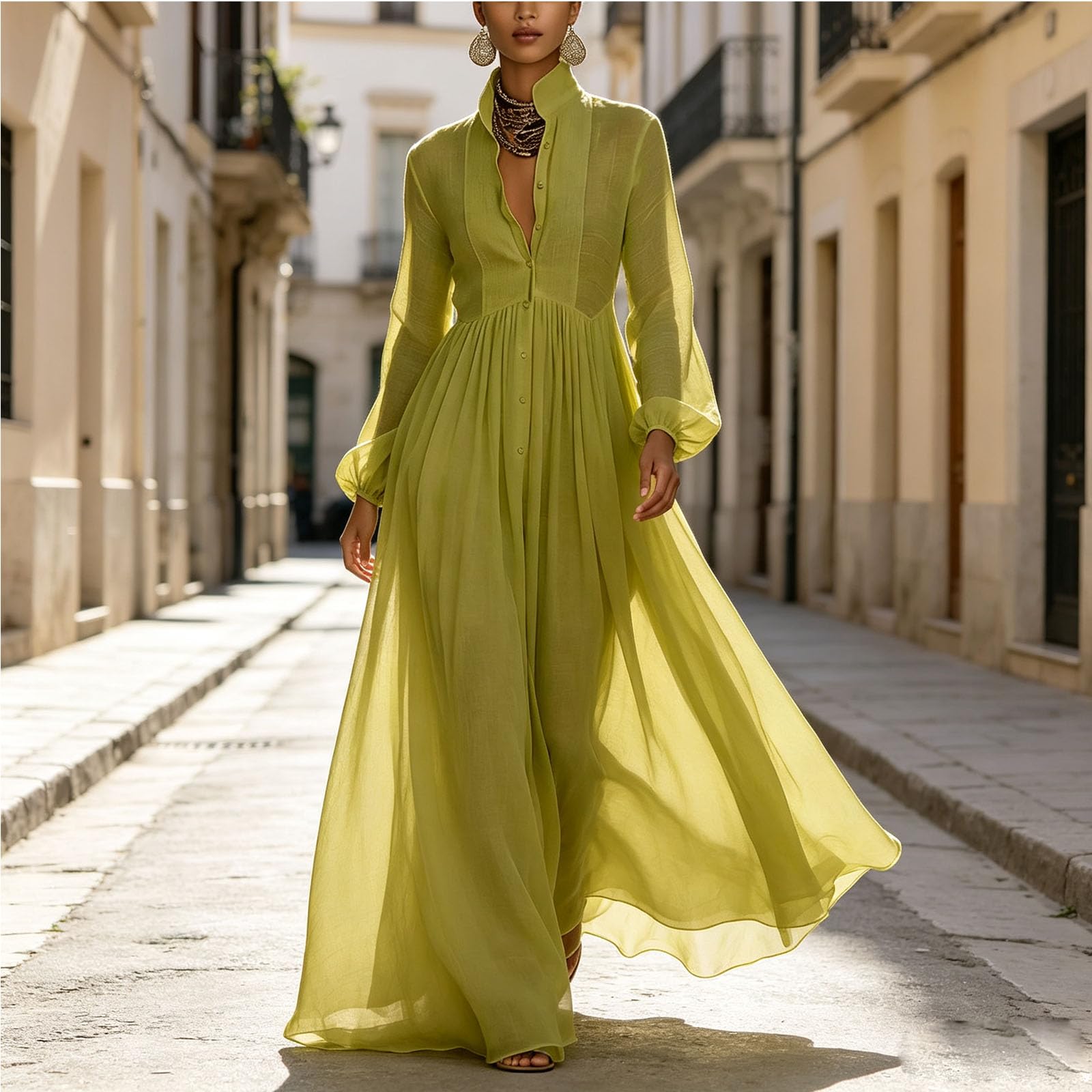 Abito Lungo Casual con Bottoni Vestito Boho Collo alla Coreana