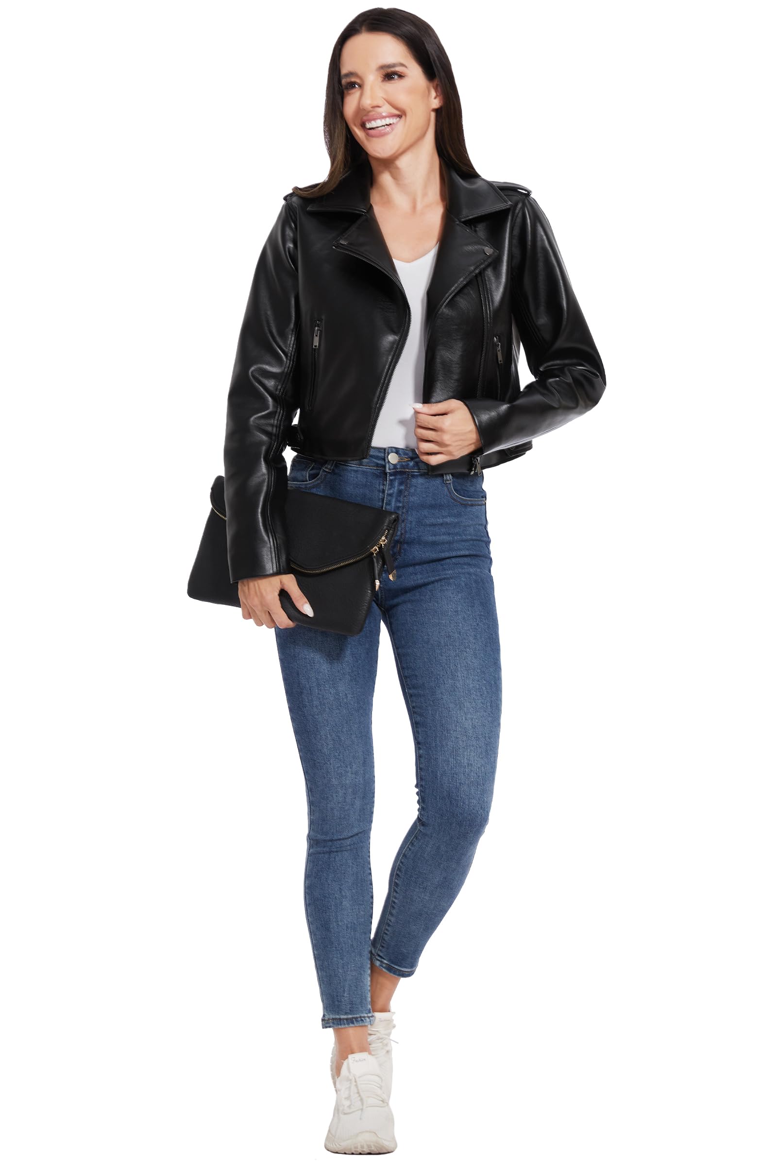 Fahsyee Damen Kunstlederjacke Kurze Biker Blazer Slim Fit Schwarz S-XXL