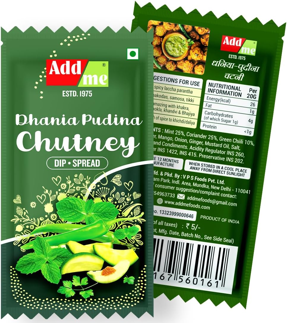 Add Me Dhania Pudina Chutney 15gm Sachet chotu Pack Green Hari chatni for bhel pani Puri 48 Sachet 720 Grams