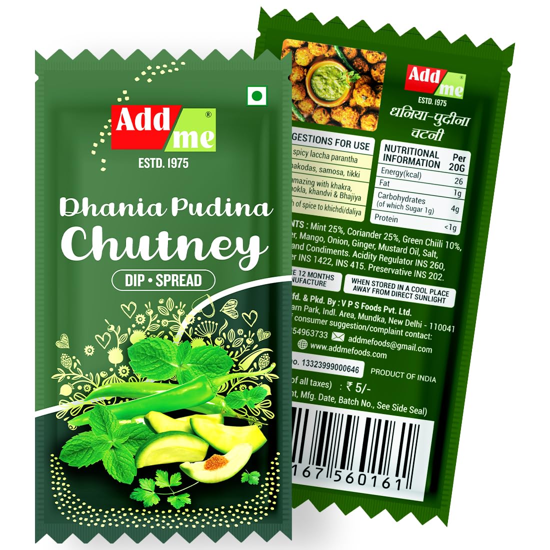 Add Me Dhania Pudina chutney 15gm Sachet chotu Pack green hari chatni for bhel pani puri 48 Sachet 720 Grams