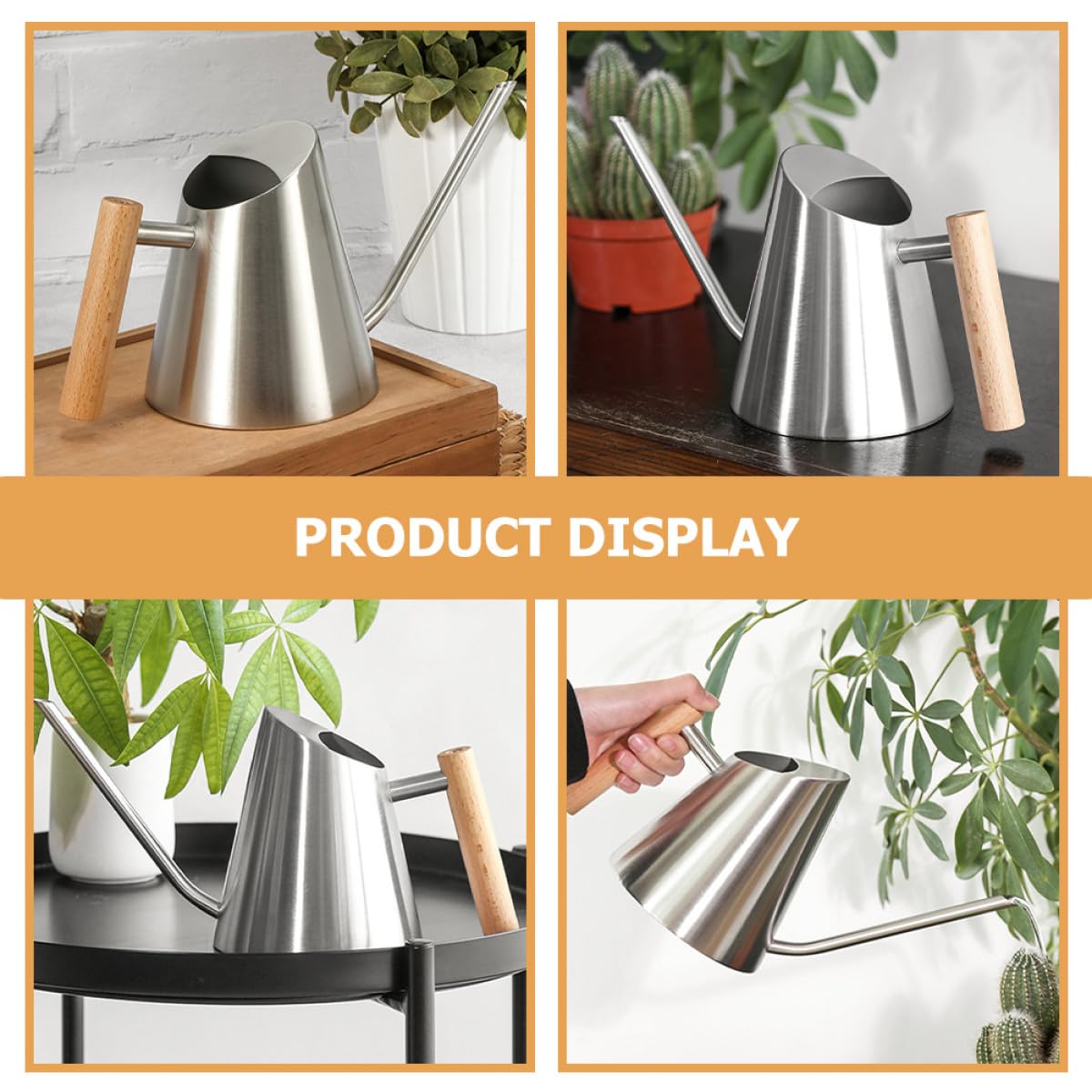 CALLARON Annaffiatoio per Piante da Interno in Acciaio Inox 900ml con Beccuccio e Manico in Legno Ergonomico, Annaffiatore Compatto per Giardino e Balcone, Vaso D'acqua Resistente
