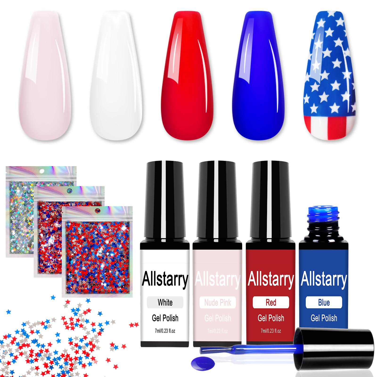 Allstarry Red White and Blue Gel Nail Polish, 4 Colors Fourth of July Nails Gel Polish with Red White Blue Star Glitter 4th of July Nails Gel Nail