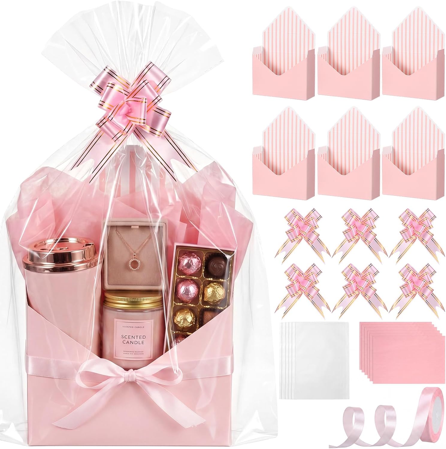 Hushee 6 Set Envelope Gift Baskets Empty, Include 6 Envelope Gifts Box 6 Shrink Wrap Bags 6 Tissue Papers 6 Pink Bow 1 Roll Pink Ribbon, Empty Gift Basket Bulk to Fill for Mother's Day Birthday Party