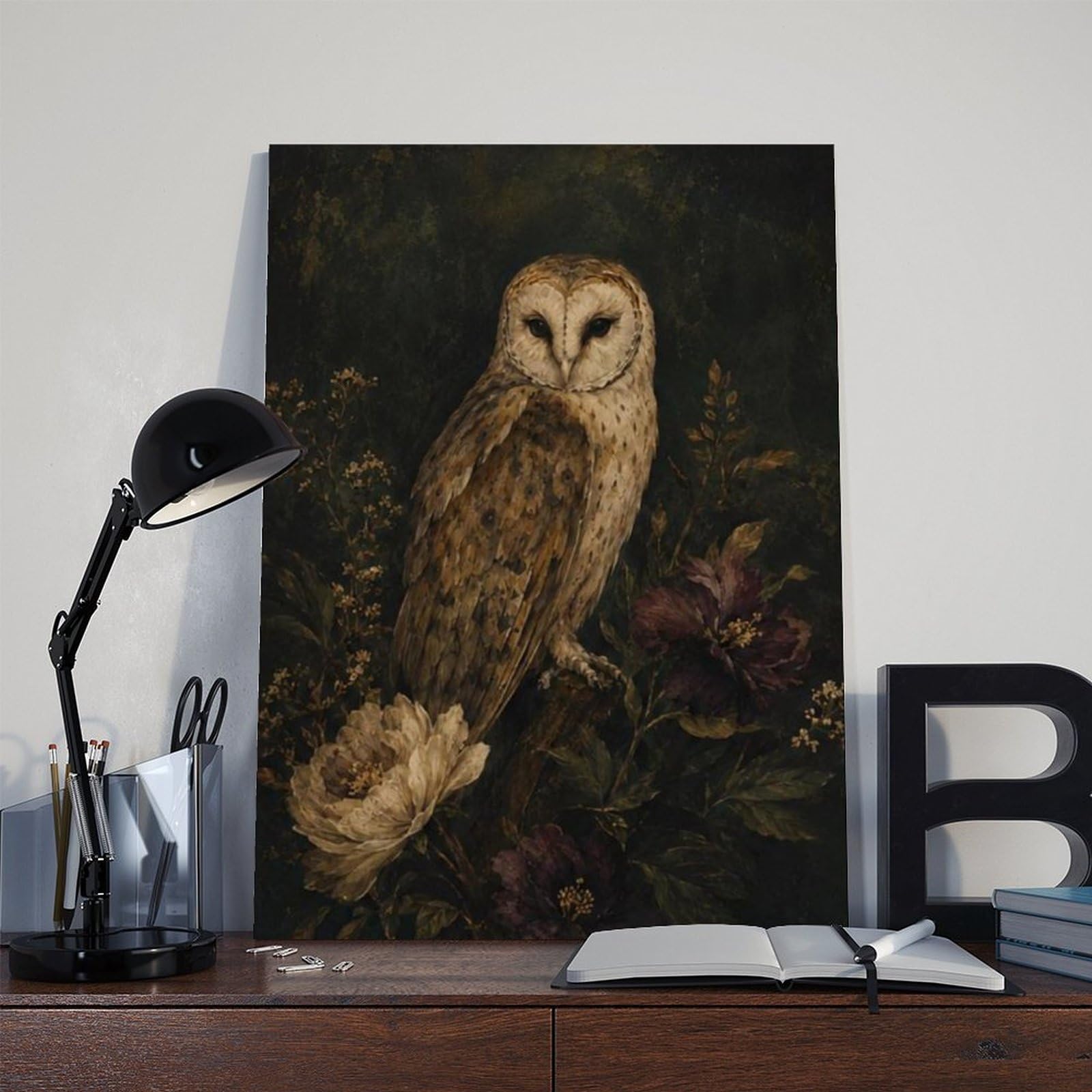 Poster di tela floreale scuro del barbagianni per il regalo della decorazione domestica | Stile cornice, diverse dimensioni, diversi stili di cornice, arte da parete, immagine decorativa, decorazione per la casa