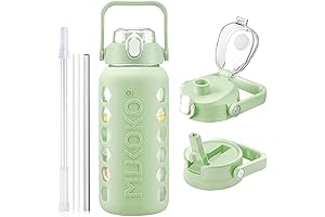Mukoko 64 oz Glass Water Bottle with Time Marker, Sleeve and 2 Lids