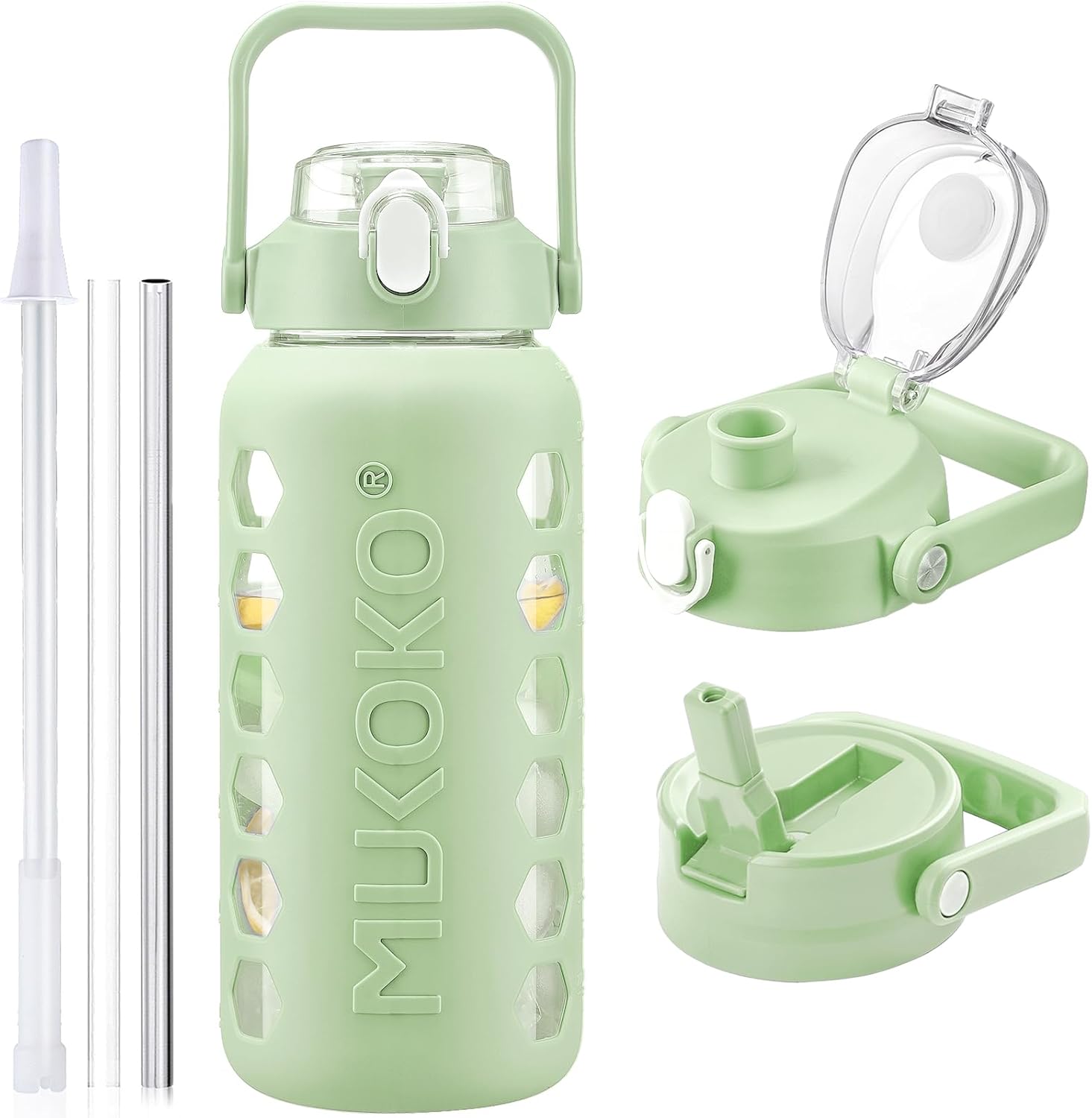 MUKOKO Glass Water Bottle 64oz with 2 Lids, Half Gallon Drinking Bottle with Straws and Measurements, 2L Sports Hydrate Jug with Silicone Sleeve, Leakproof, Green