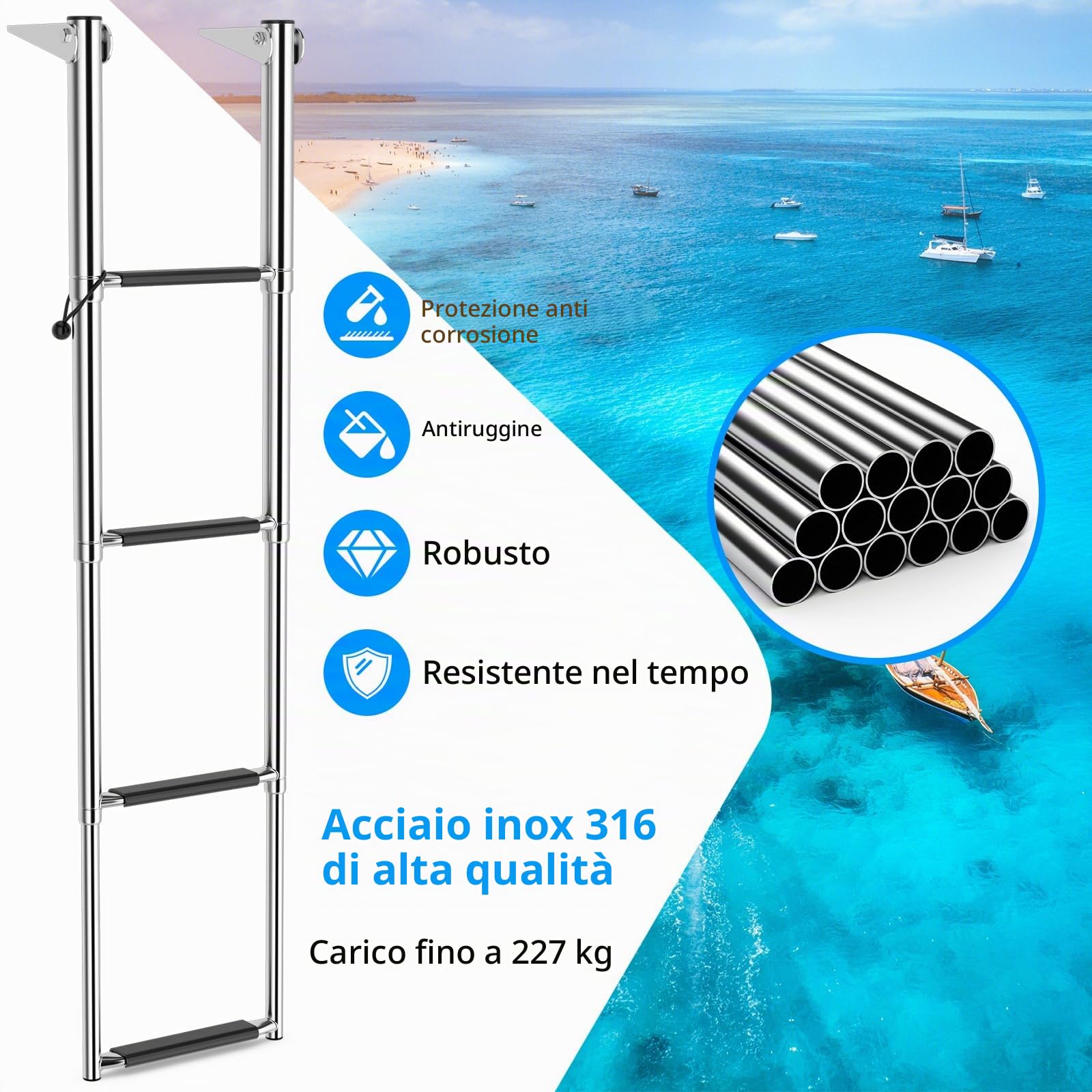SOARS Scaletta Telescopica in Acciaio Inossidabile, Scala Piscina Fuori Terra a 4 Gradini Antiscivolo, Portata Massima 227 KG, per Piscina, Barca, Ponti, Pontile Galleggiante