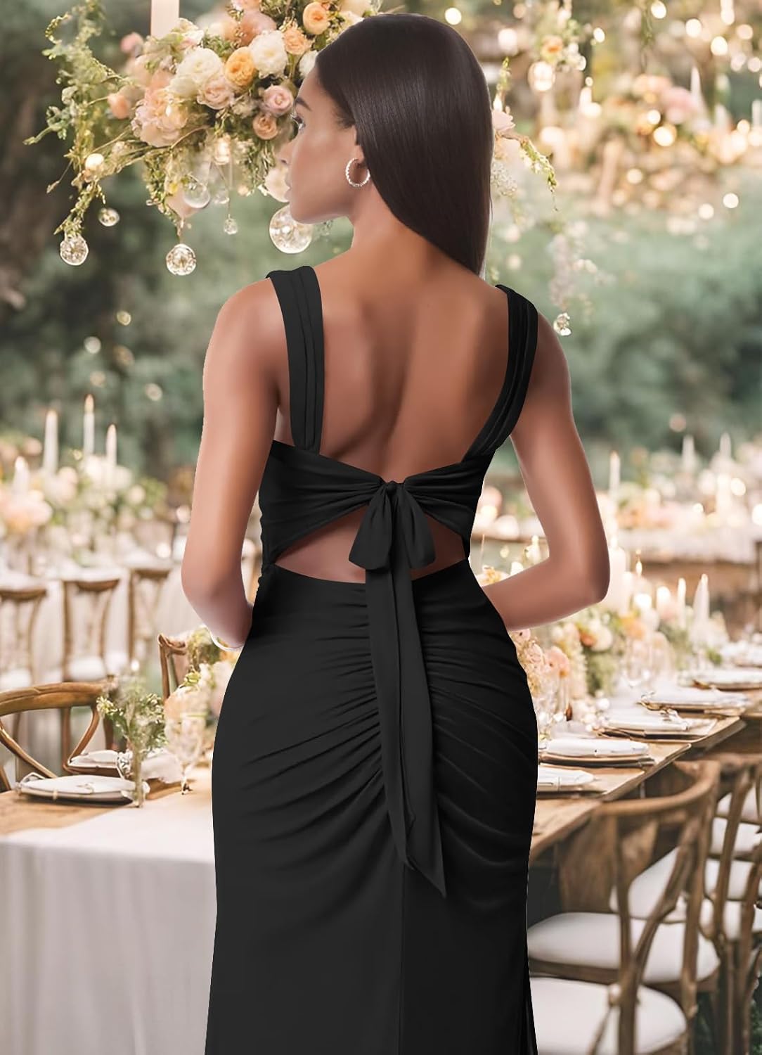 Women Sexy Mesh Tie Low Back Sleeveless Split Ruched Maxi Dress Party Cocktail Long Dress Wedding Guest Dresses - Image 5