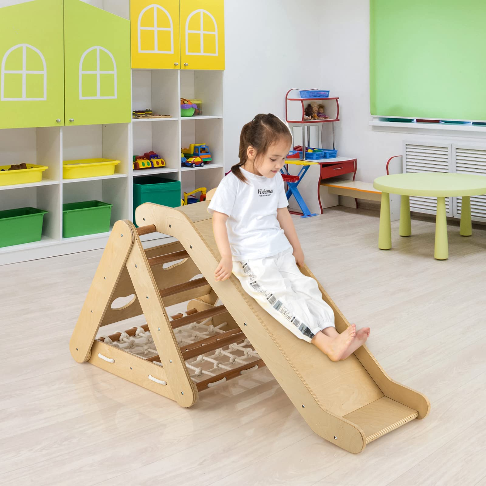 HOMASIS 4 in 1 Klettergerüste mit Rutsche, Kletterdreiecke für Kinder, Spielplatz aus Holz, Montessorie Kletterspielzeug für Kinder ab 1+ Jahren, Sprossendreieck Max. Kapazität 60 kg (Holzfarbe)