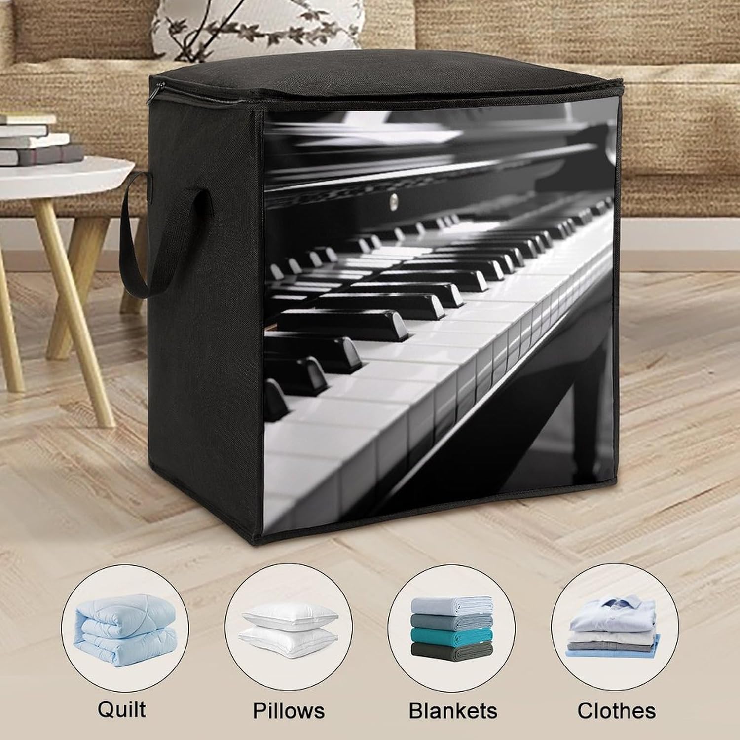 Quilt Storage Bag,Black White Piano Keyboard Printed Large Foldable Storage Container Portable Travel Storage Bag for Blankets, Quilts, Clothes, Comforter, Bedding And Pillows