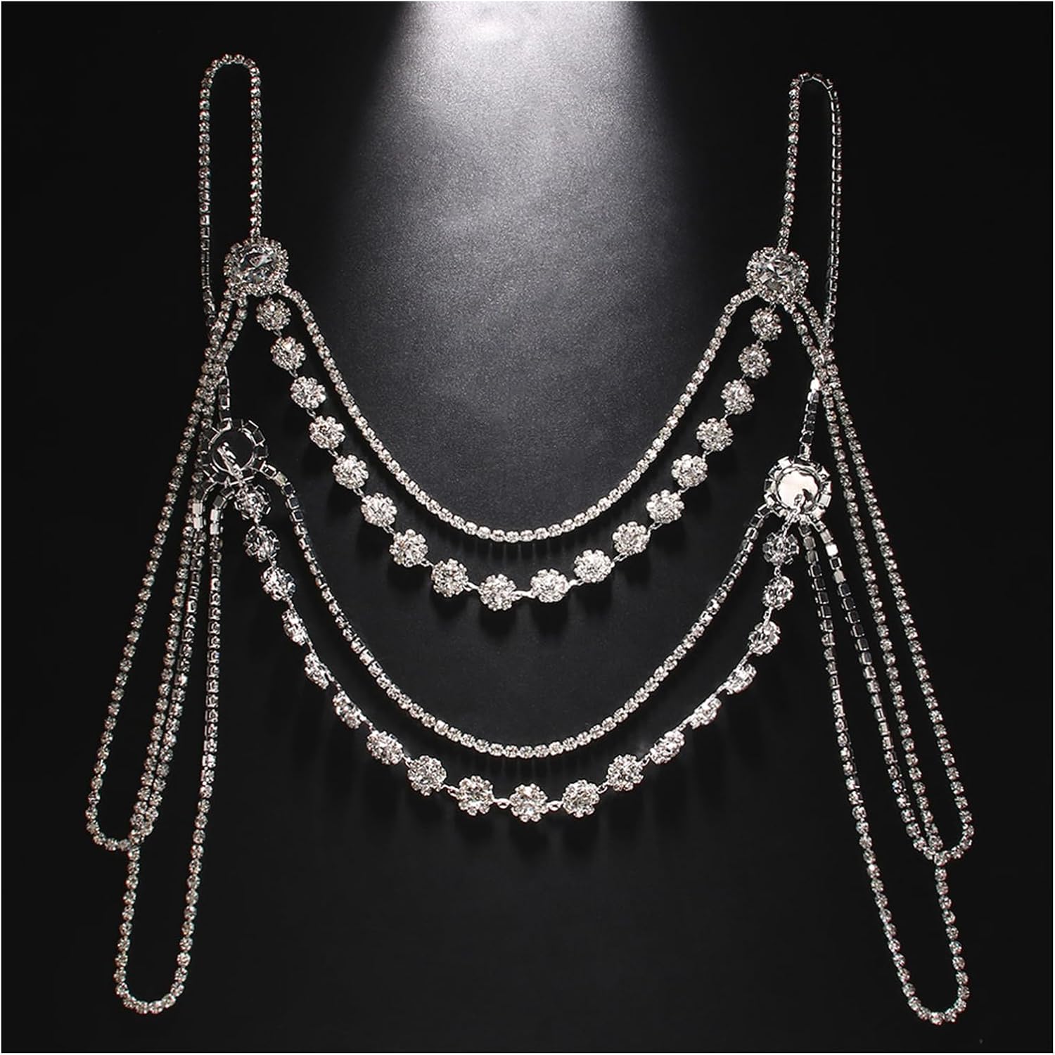 Rhinestone Shoulder Body Chain Jewelry,Multi-Layered Flower Rhinestone Bridal Back Chain Necklace Sexy Festival Rave Crystal Shoulder Chain Wedding Backdrop Jewelry for Women