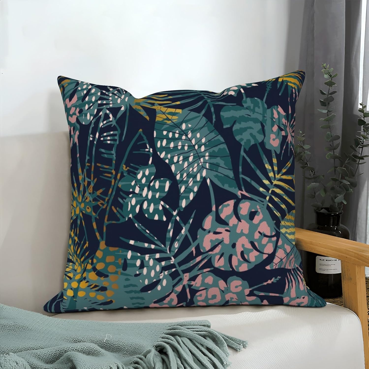 4 Pcs/Set Plants Pillow Covers Summer Tropical Plants Palm Leaf Flowers Leaves Geometric Lines Watercolor Botanical Linen Cushion Case for Outdoor Couch Sofa Bedroom Decor, 20"x20"