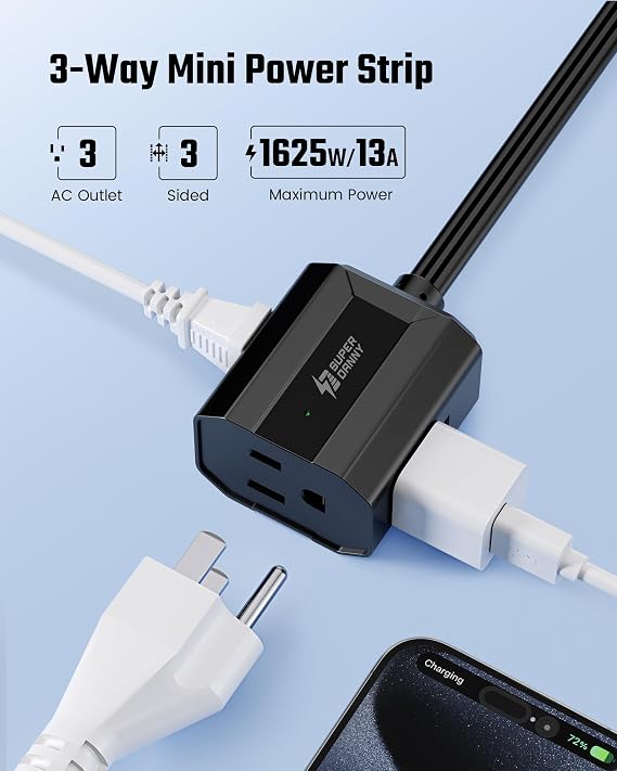 6Ft Extension Cord, SUPERDANNY Mini Flat Plug Power Strip, 13A Indoor