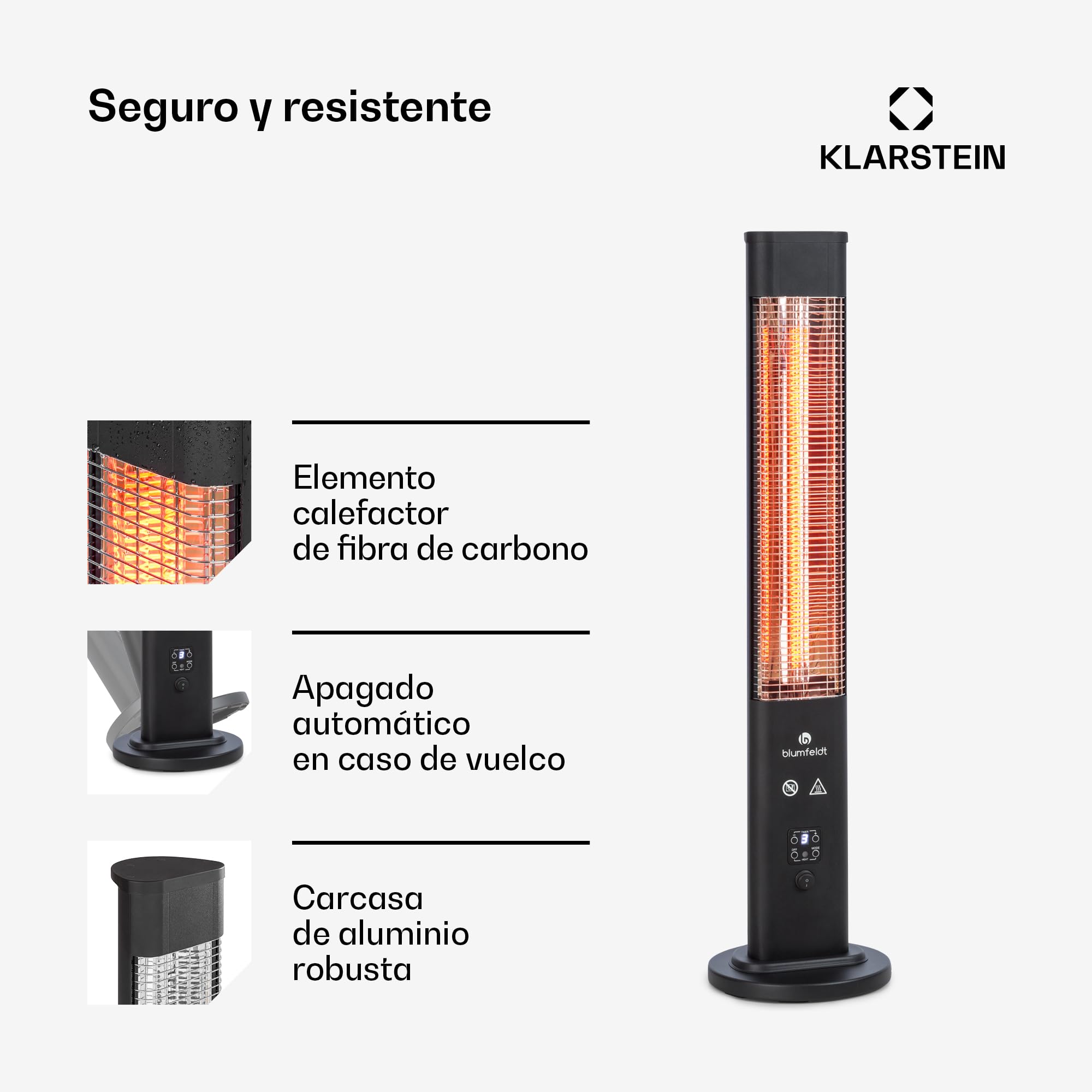 Klarstein Radiador Electrico Bajo Consumo, Calefactor para Patio o Terraza de 1200W, Mando a Distancia, Radiadores Bajo Consumo Electricos, Antivuelcos, IP65, Calefactores Jardín, Exterior e Interior