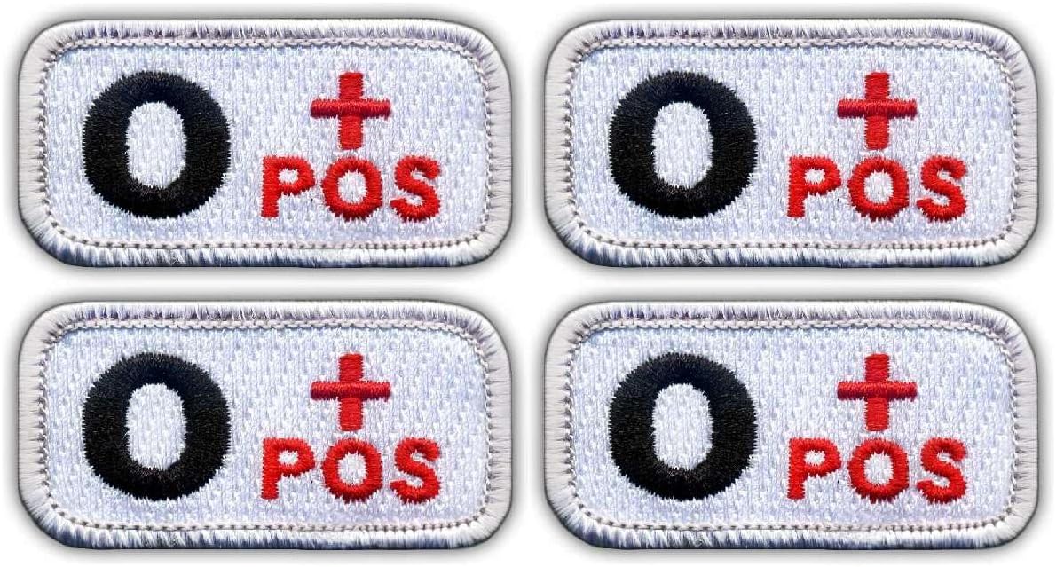 Set of Four - Patchion Blood Type 0 "pos White/red - Iron-on/Heat Seal Backing - Embroidered Patch/Badge/Emblem