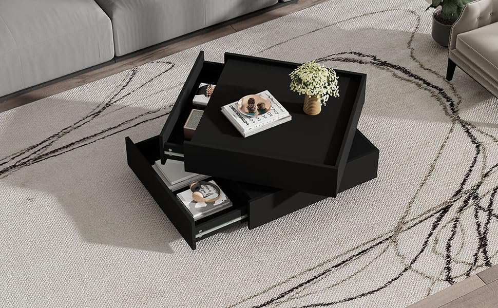Mesa de centro giratoria anticaídas con cajón de almacenamiento negro 3
